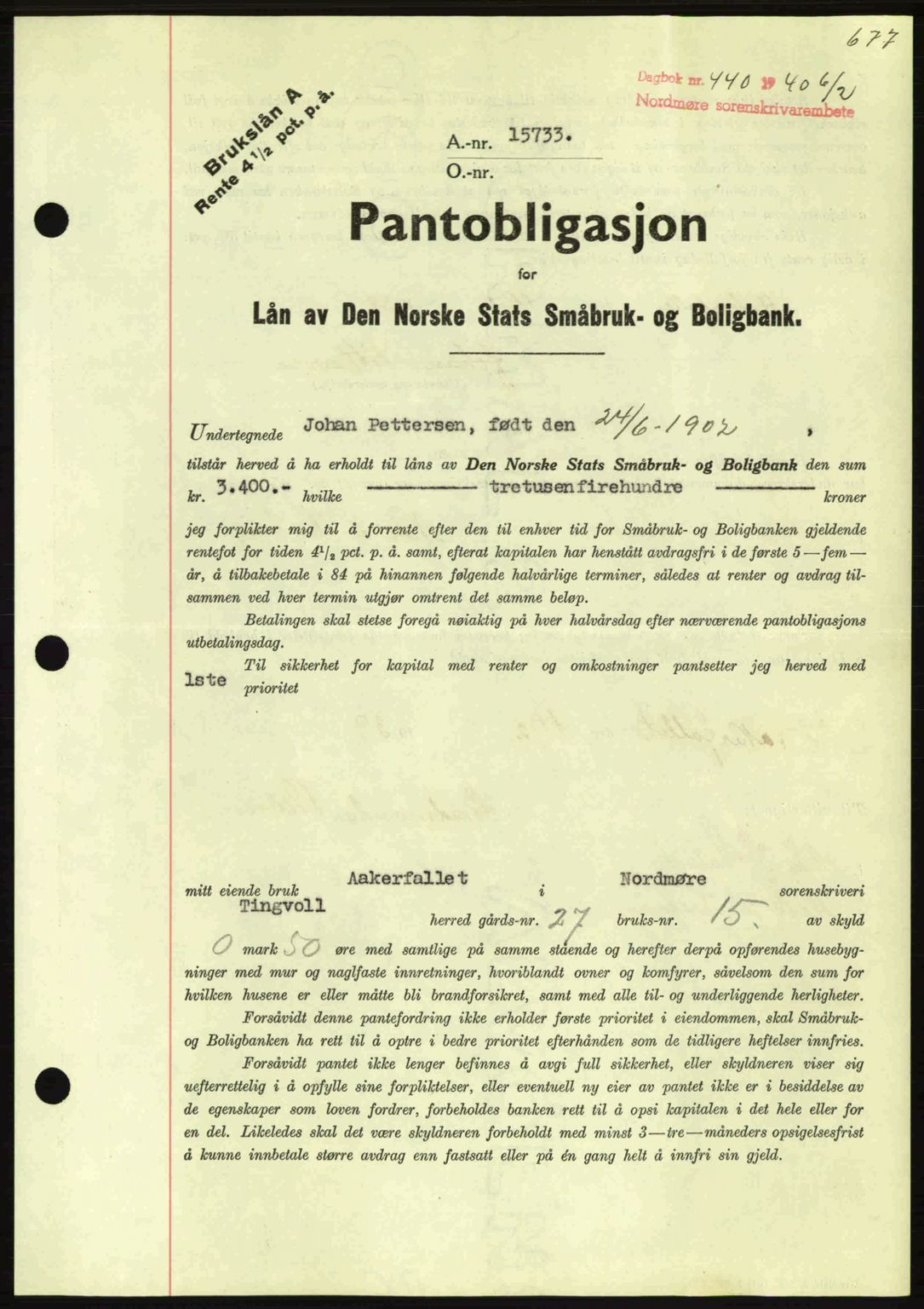 Nordmøre sorenskriveri, AV/SAT-A-4132/1/2/2Ca: Mortgage book no. B86, 1939-1940, Diary no: : 440/1940