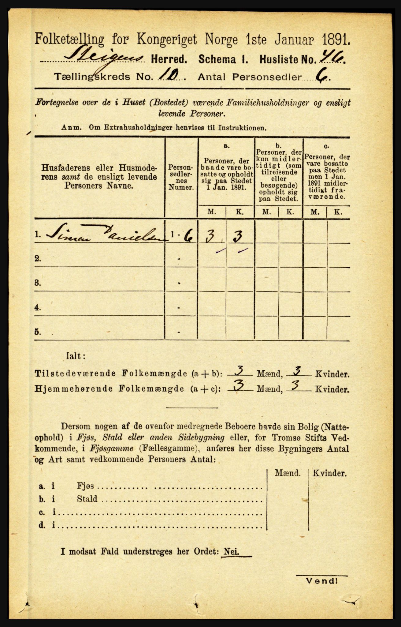 RA, 1891 census for 1848 Steigen, 1891, p. 3443