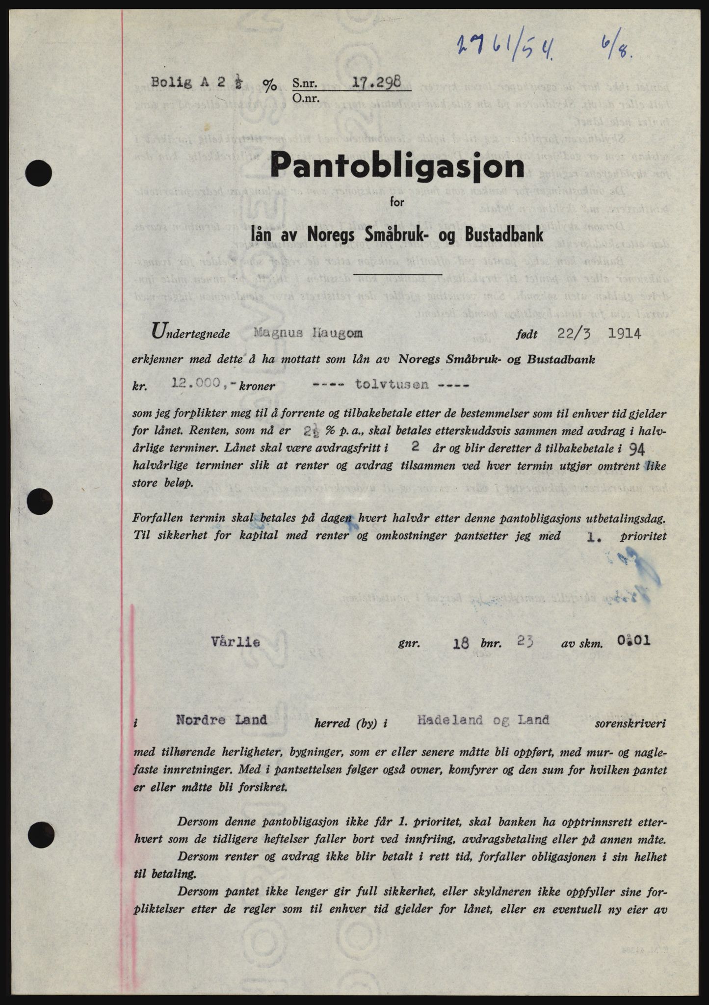 Hadeland og Land tingrett, SAH/TING-010/H/Hb/Hbc/L0030: Mortgage book no. B30, 1954-1954, Diary no: : 2761/1954