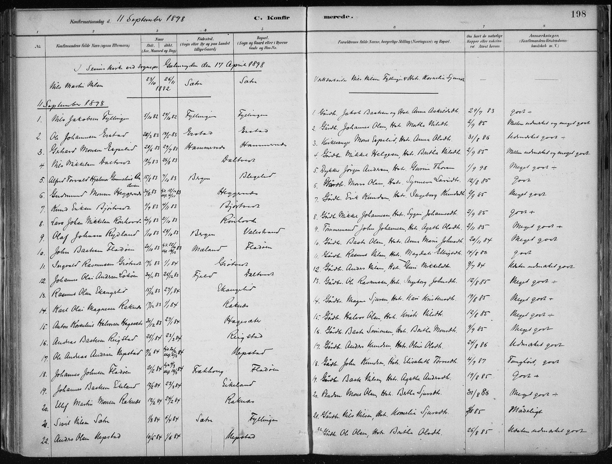 Hamre sokneprestembete, SAB/A-75501/H/Ha/Haa/Haab/L0001: Parish register (official) no. B  1, 1882-1905, p. 198