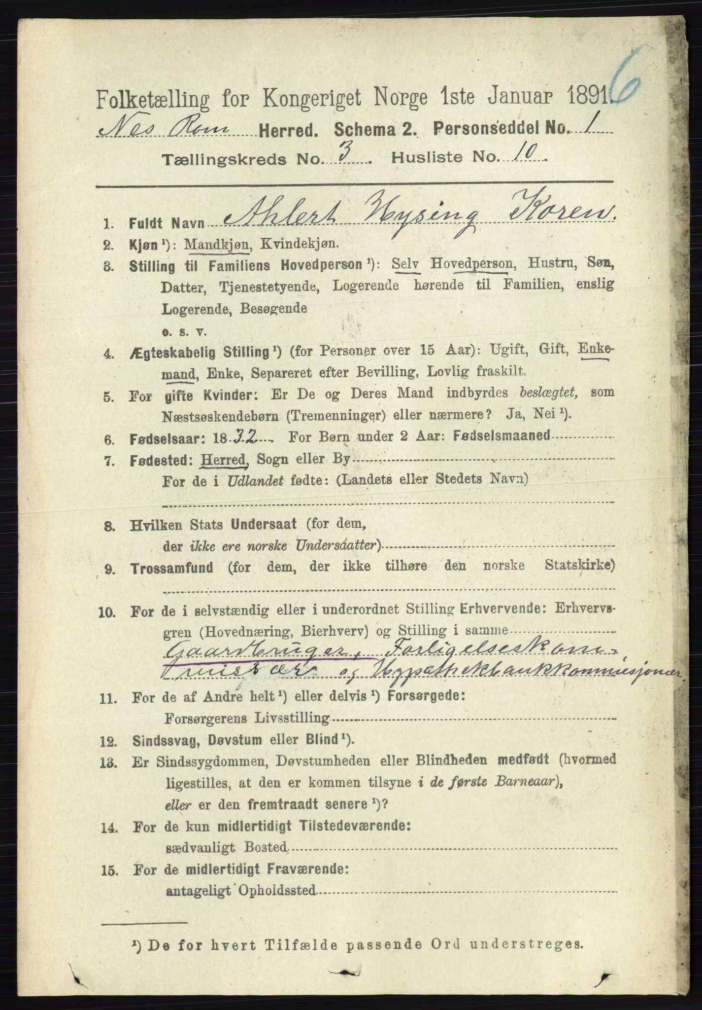 RA, 1891 census for 0236 Nes, 1891, p. 1655