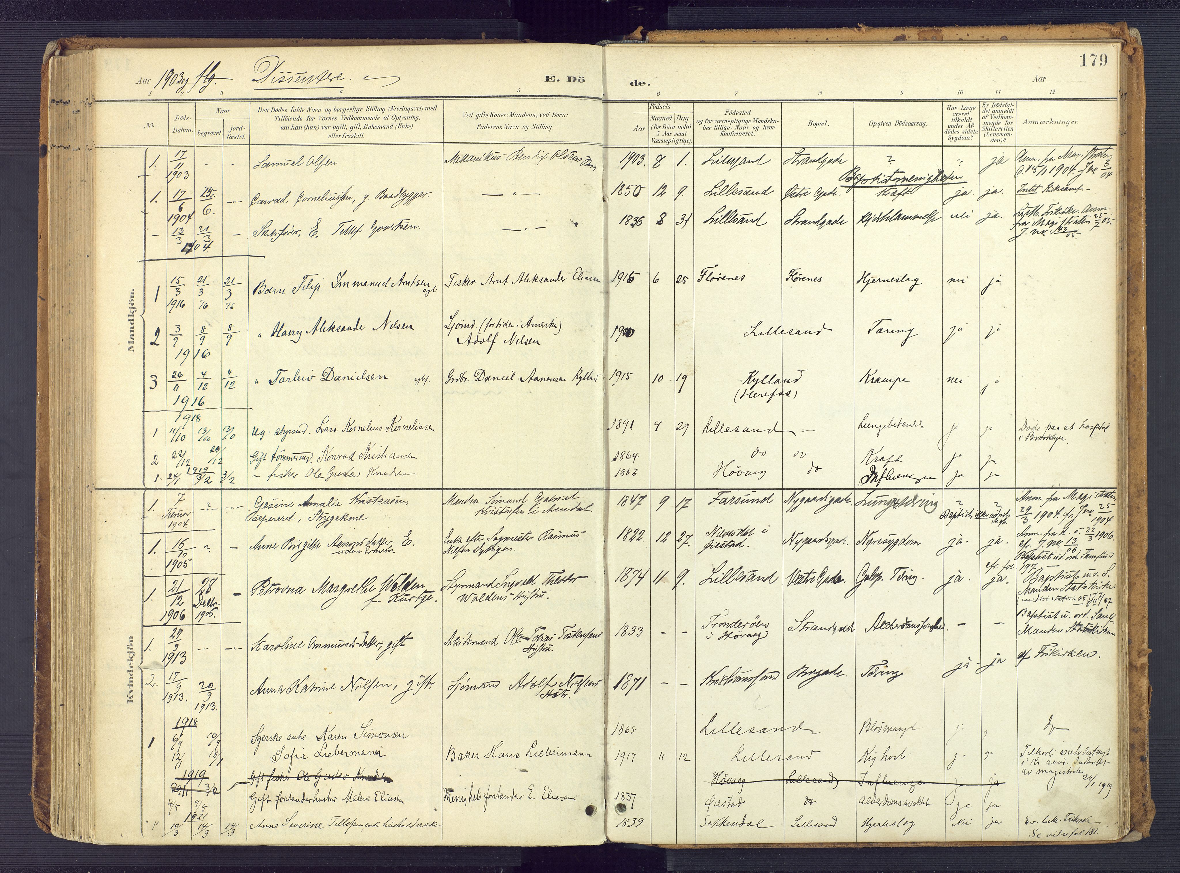 Vestre Moland sokneprestkontor, SAK/1111-0046/F/Fa/Faa/L0002: Parish register (official) no. A 2, 1900-1926, p. 179