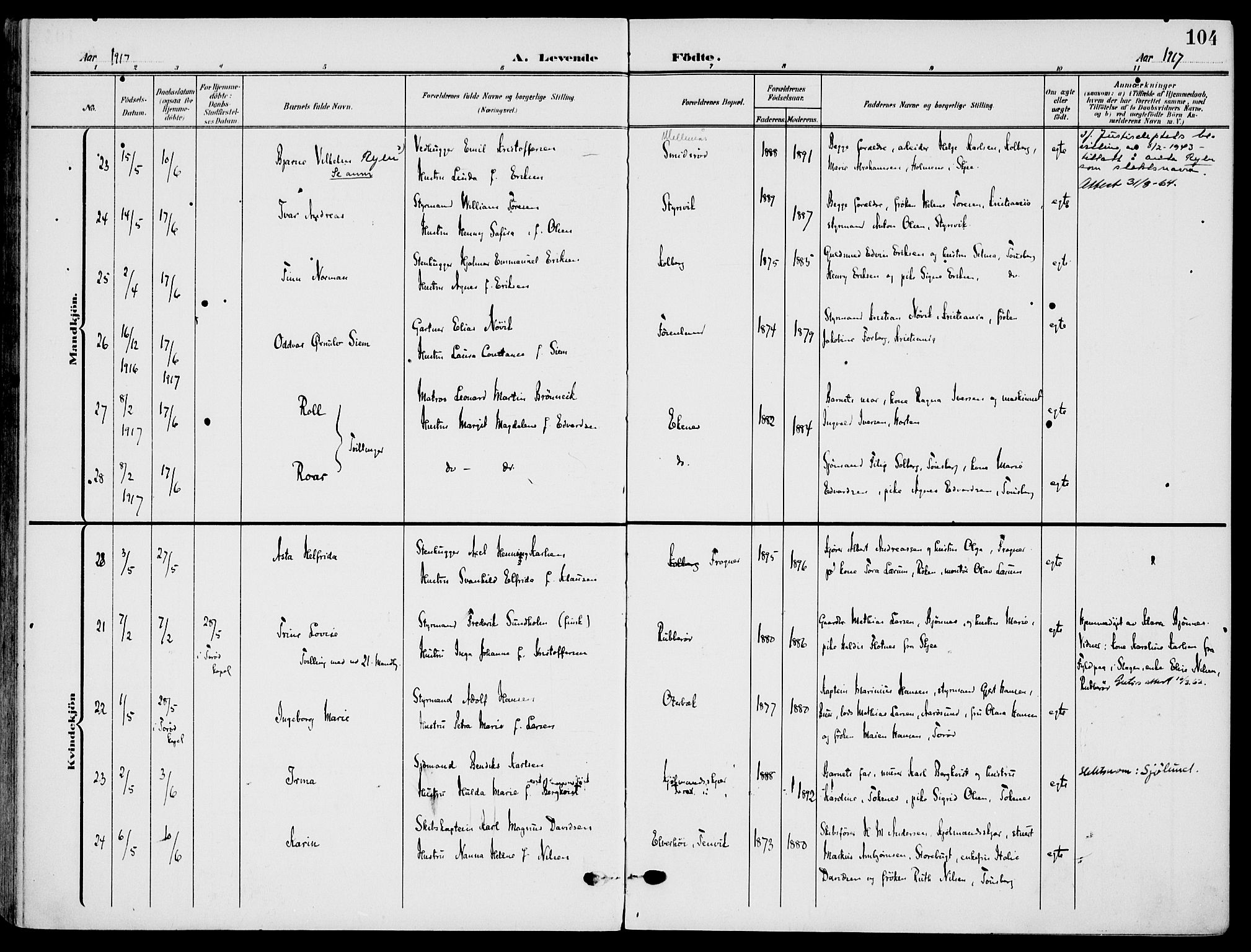 Nøtterøy kirkebøker, AV/SAKO-A-354/F/Fa/L0010: Parish register (official) no. I 10, 1908-1919, p. 104