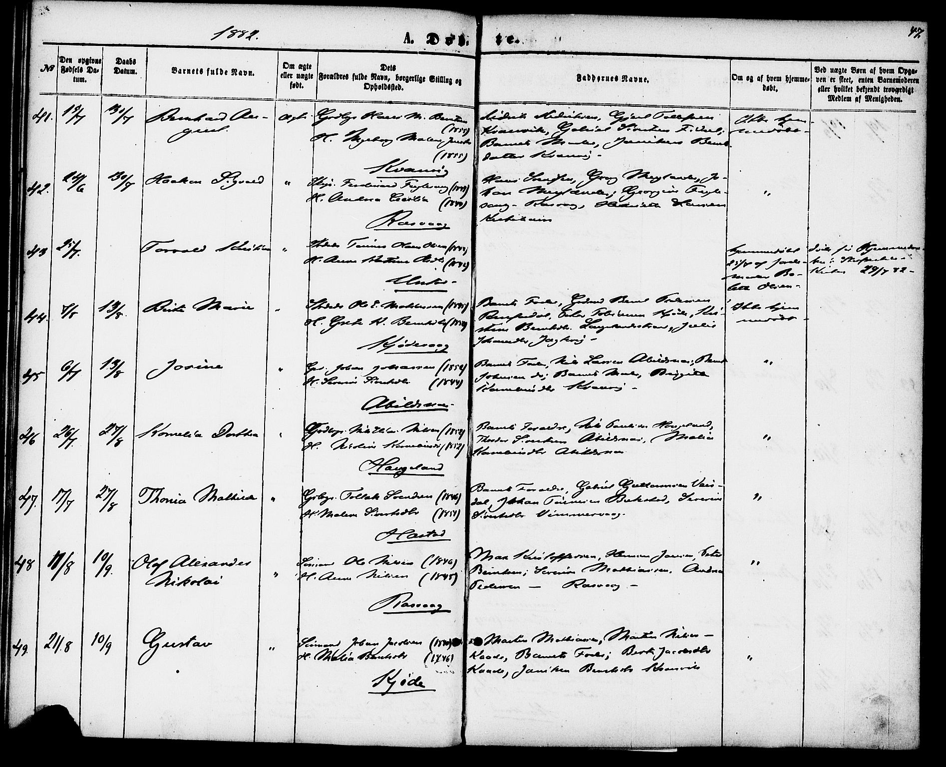 Flekkefjord sokneprestkontor, AV/SAK-1111-0012/F/Fa/Fab/L0005: Parish register (official) no. A 5, 1870-1886, p. 47