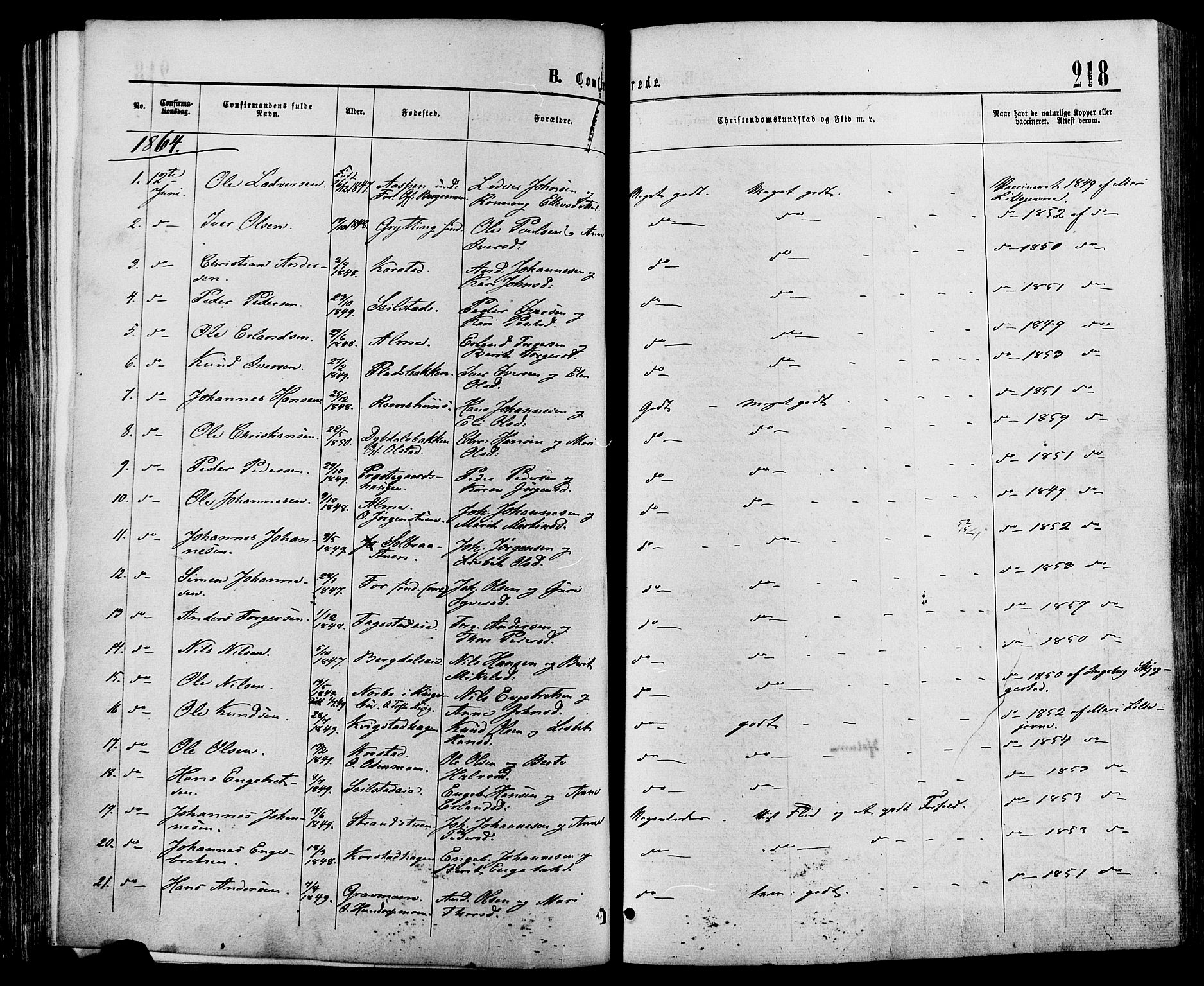 Sør-Fron prestekontor, SAH/PREST-010/H/Ha/Haa/L0002: Parish register (official) no. 2, 1864-1880, p. 218