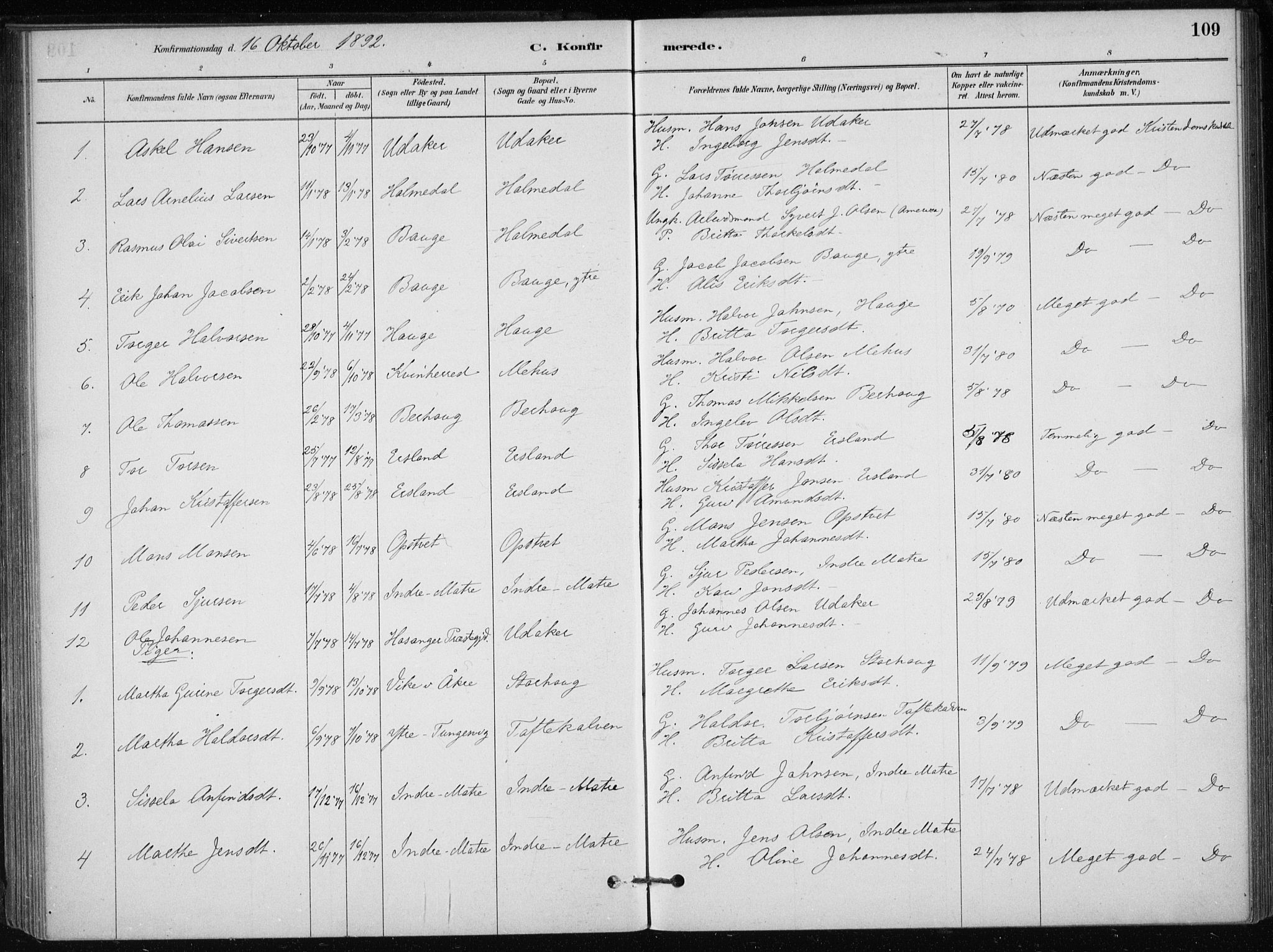 Skånevik sokneprestembete, SAB/A-77801/H/Haa: Parish register (official) no. C  1, 1879-1917, p. 109