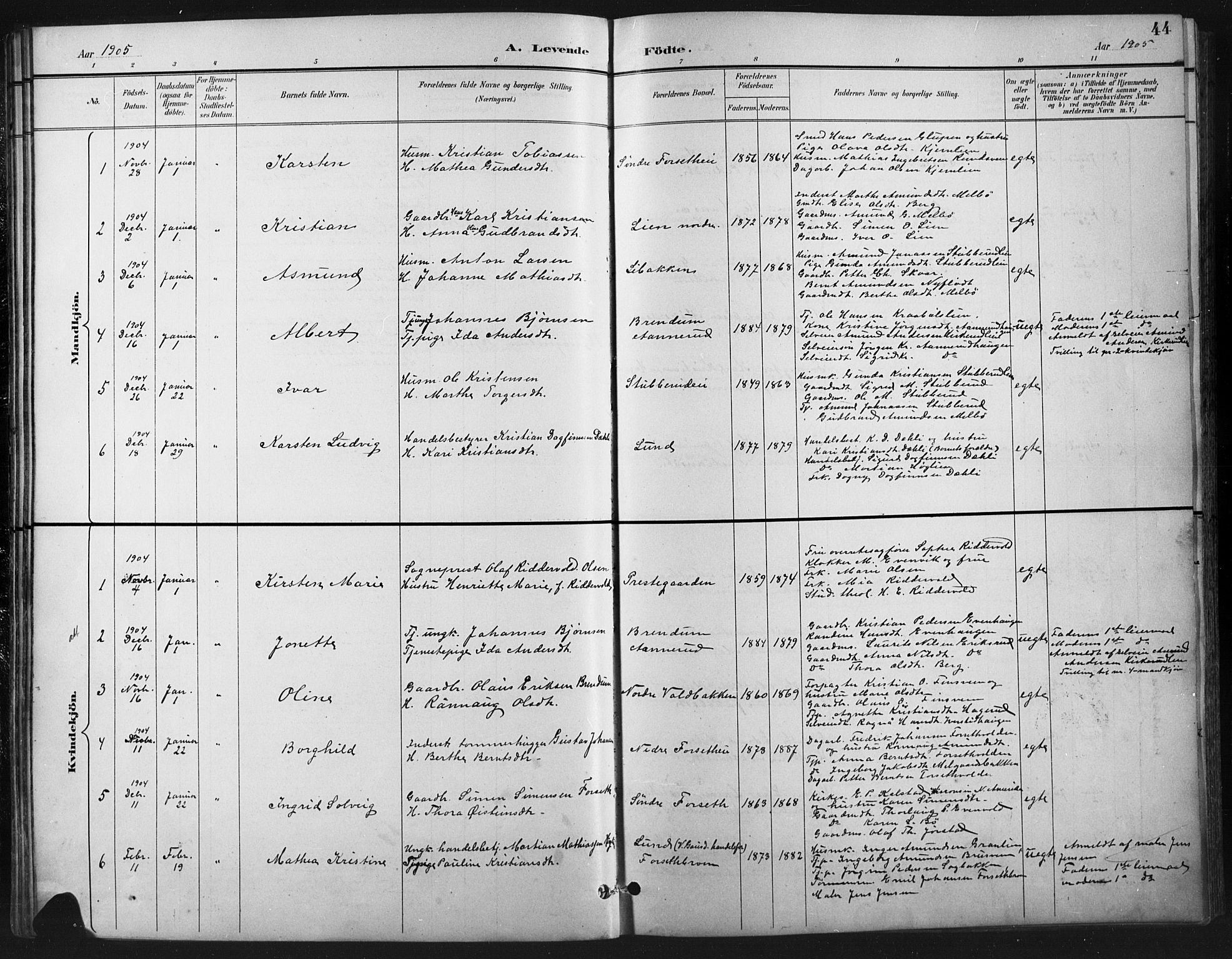 Vestre Gausdal prestekontor, SAH/PREST-094/H/Ha/Hab/L0003: Parish register (copy) no. 3, 1896-1925, p. 44