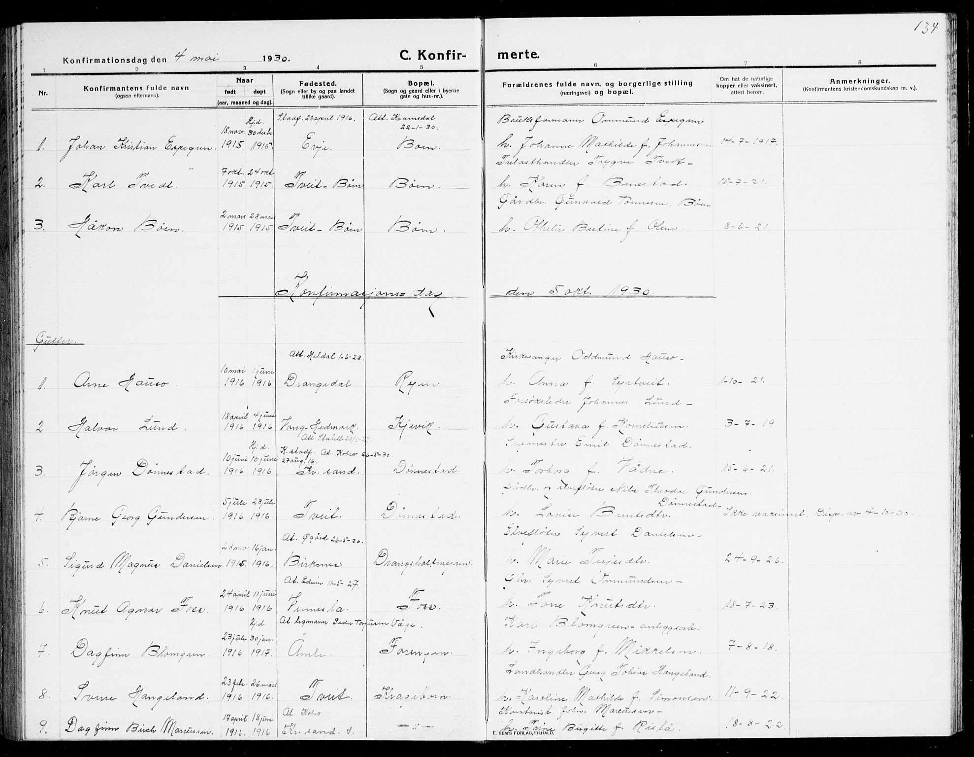 Tveit sokneprestkontor, AV/SAK-1111-0043/F/Fb/L0005: Parish register (copy) no. B 5, 1915-1941, p. 134