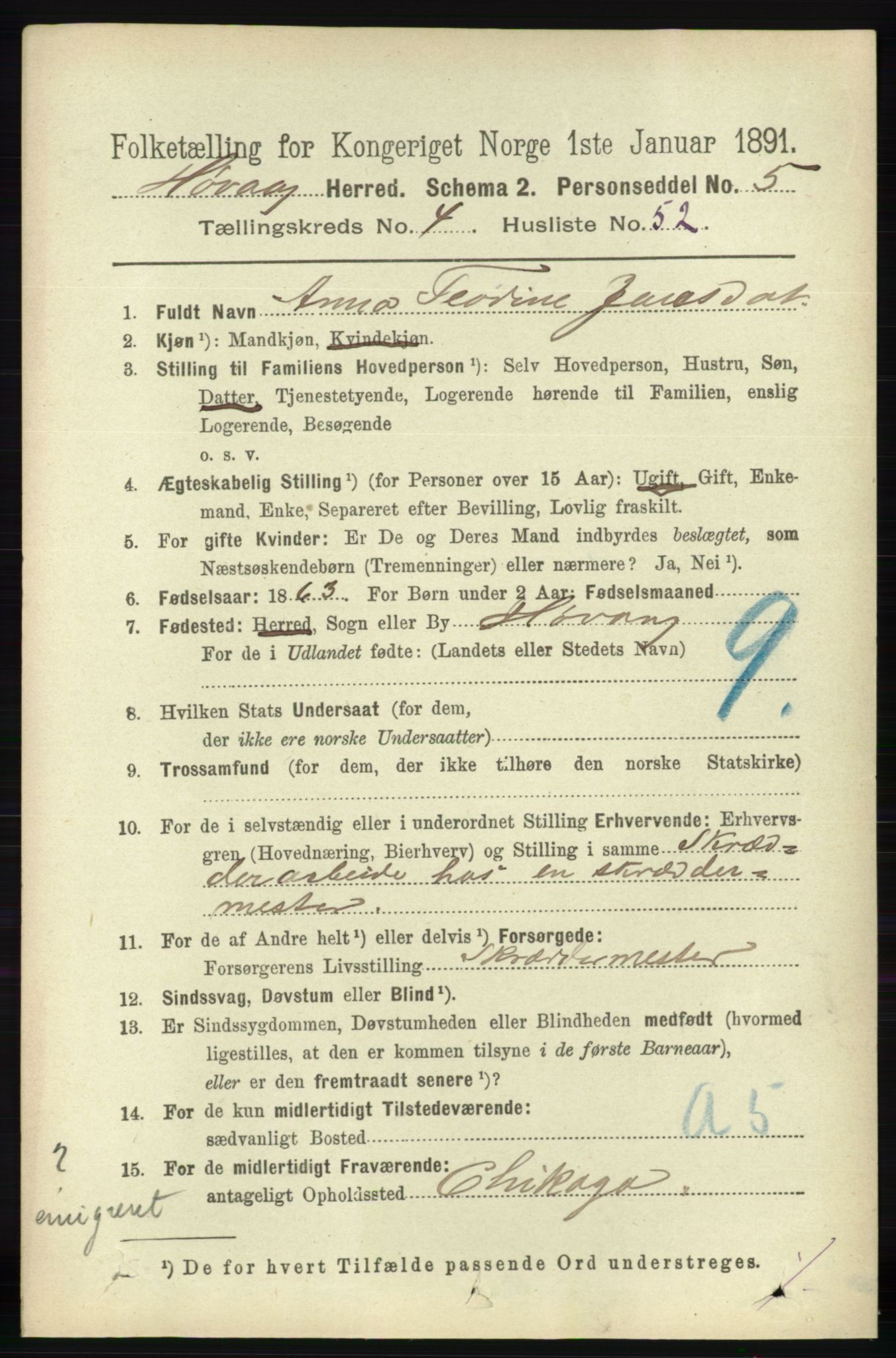 RA, 1891 census for 0927 Høvåg, 1891, p. 1783