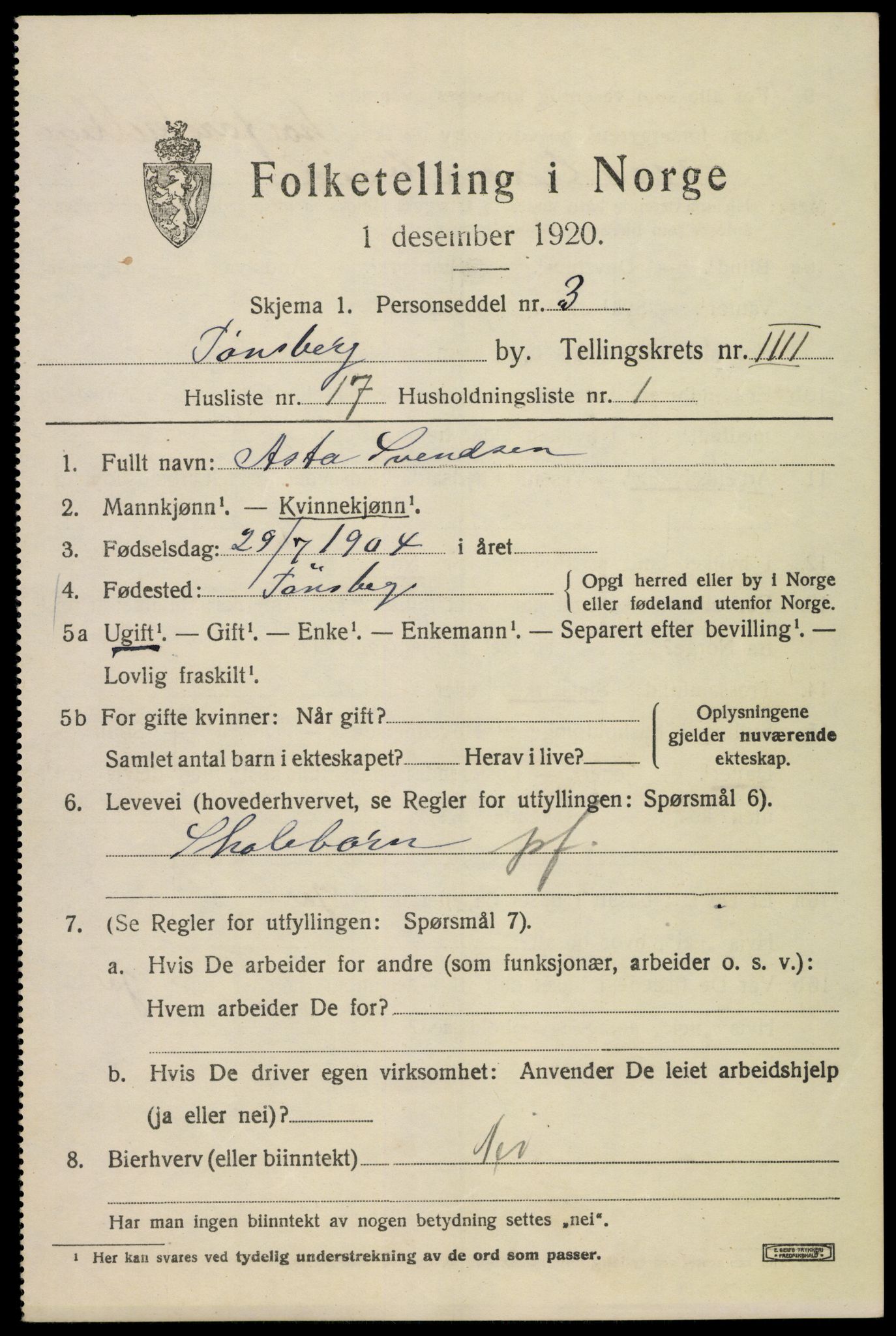 SAKO, 1920 census for Tønsberg, 1920, p. 12579