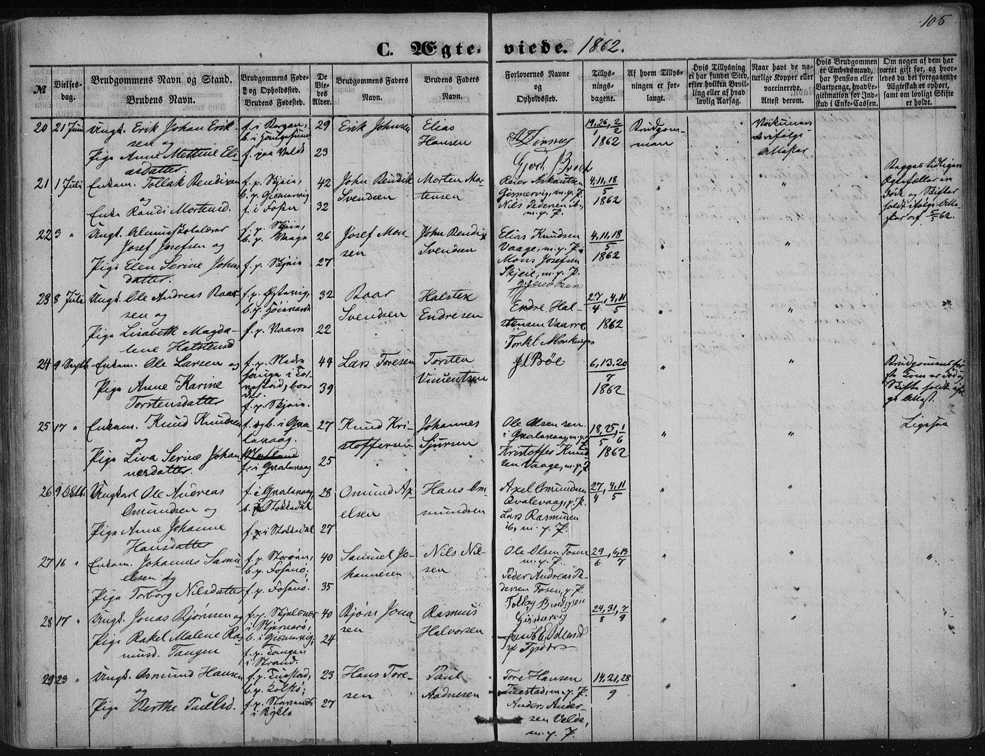 Avaldsnes sokneprestkontor, AV/SAST-A -101851/H/Ha/Haa/L0009: Parish register (official) no. A 9, 1853-1865, p. 105