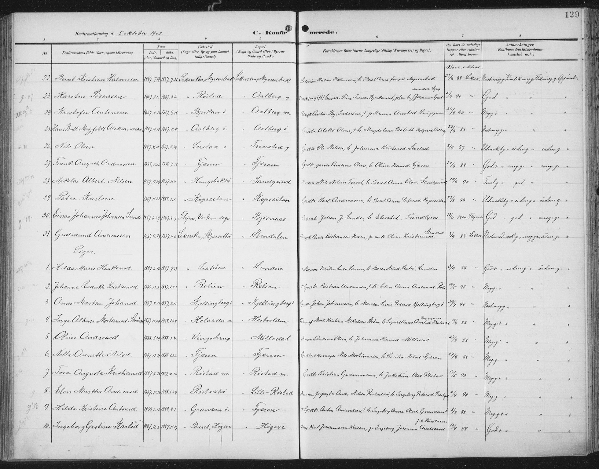 Ministerialprotokoller, klokkerbøker og fødselsregistre - Nord-Trøndelag, AV/SAT-A-1458/701/L0011: Parish register (official) no. 701A11, 1899-1915, p. 129