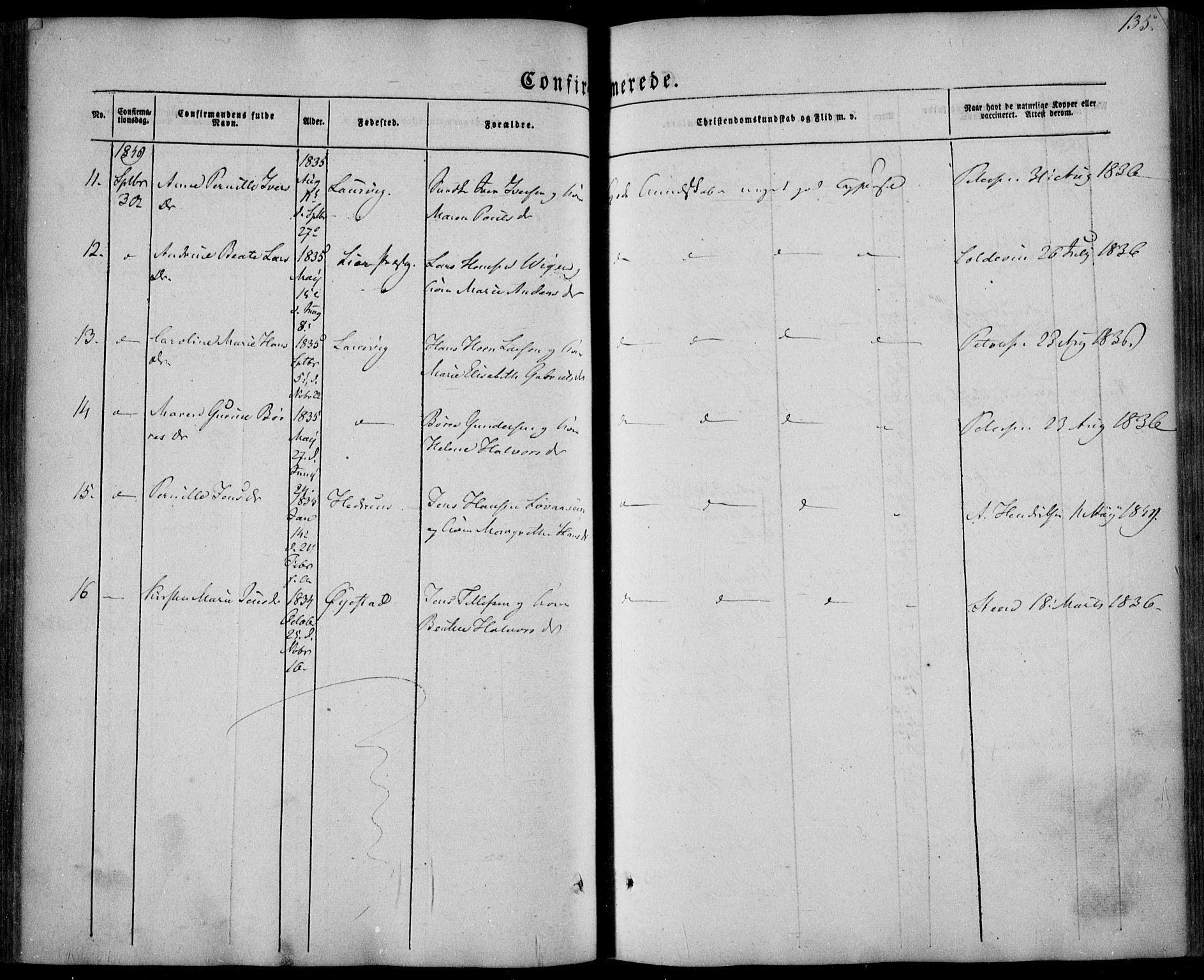 Larvik kirkebøker, AV/SAKO-A-352/F/Fa/L0003: Parish register (official) no. I 3, 1848-1856, p. 135