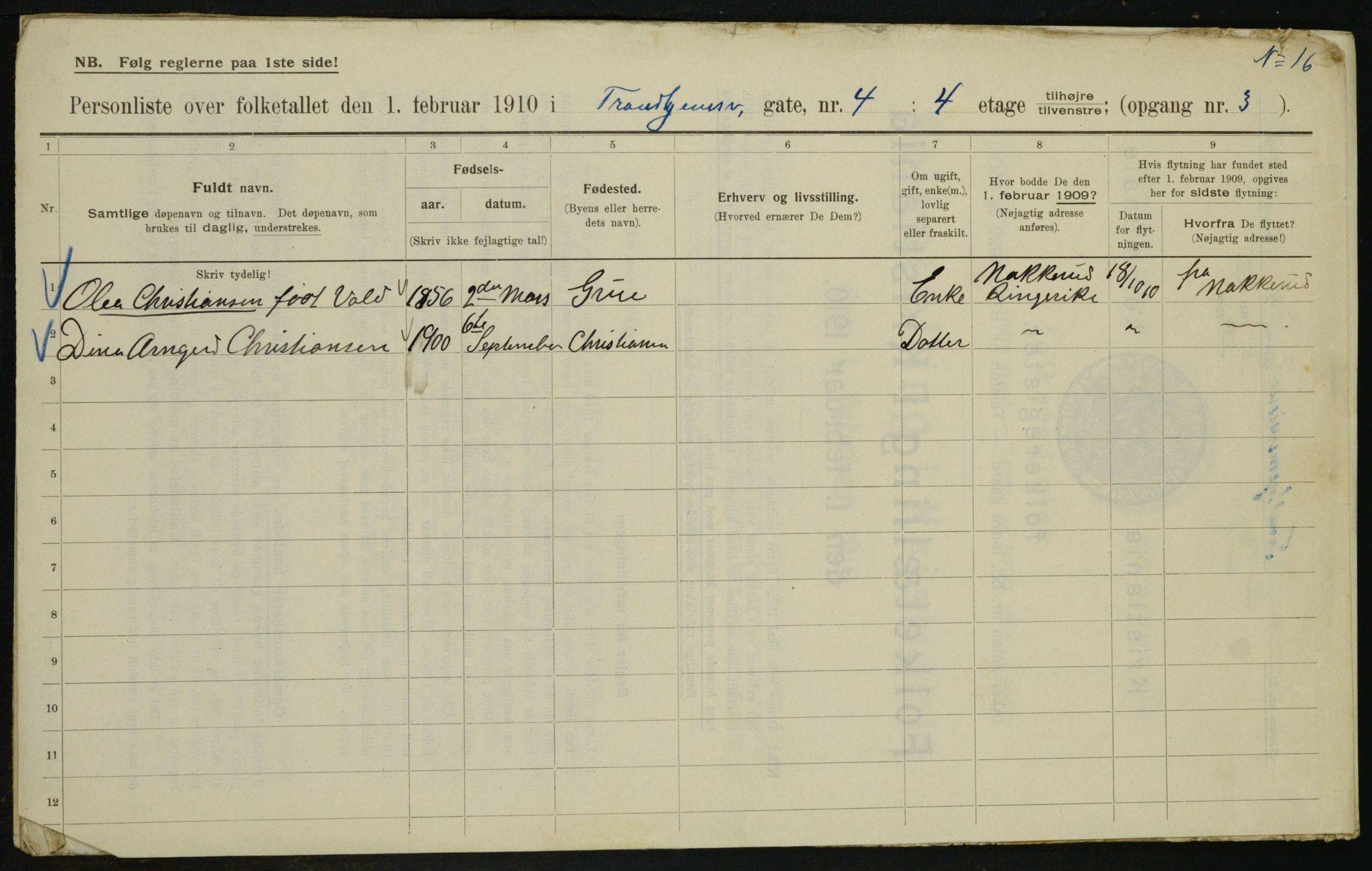 OBA, Municipal Census 1910 for Kristiania, 1910, p. 110095