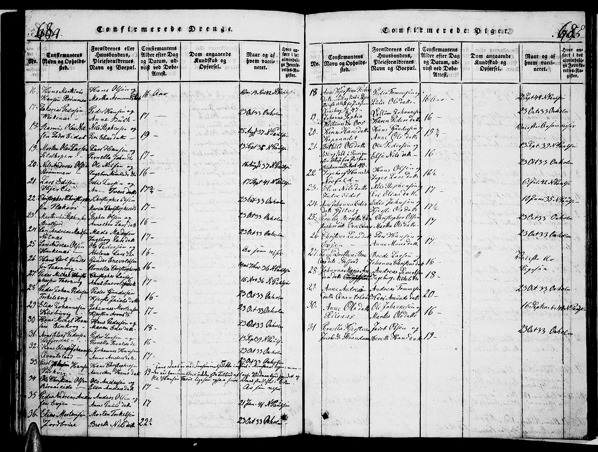 Ministerialprotokoller, klokkerbøker og fødselsregistre - Nordland, AV/SAT-A-1459/853/L0773: Parish register (copy) no. 853C01, 1821-1859, p. 684-685