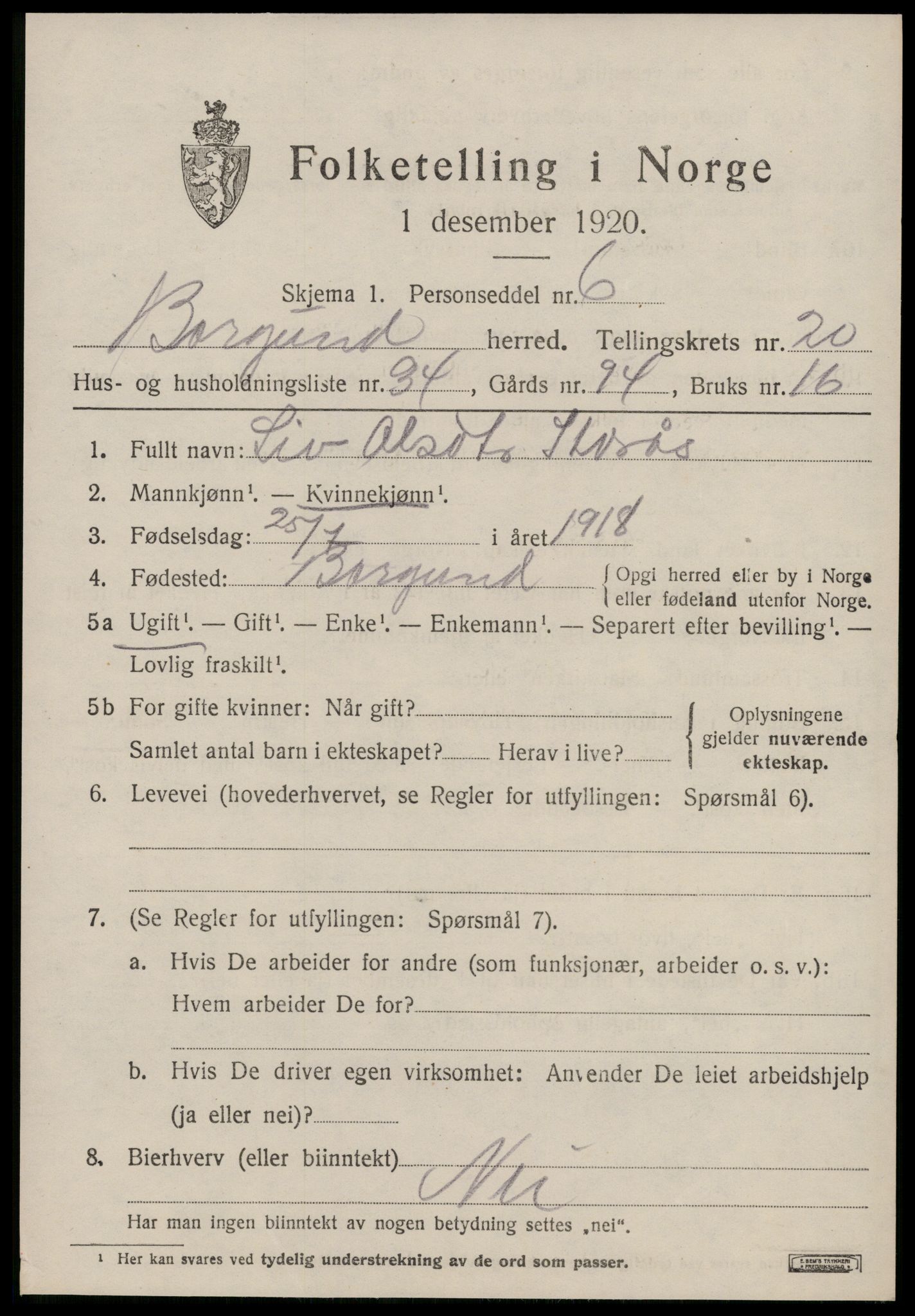 SAT, 1920 census for Borgund, 1920, p. 14304