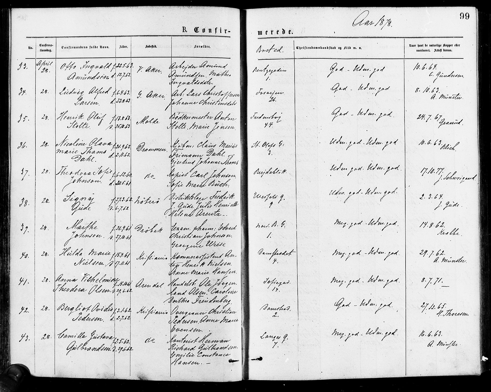 Gamle Aker prestekontor Kirkebøker, AV/SAO-A-10617a/F/L0005: Parish register (official) no. 5, 1873-1881, p. 99