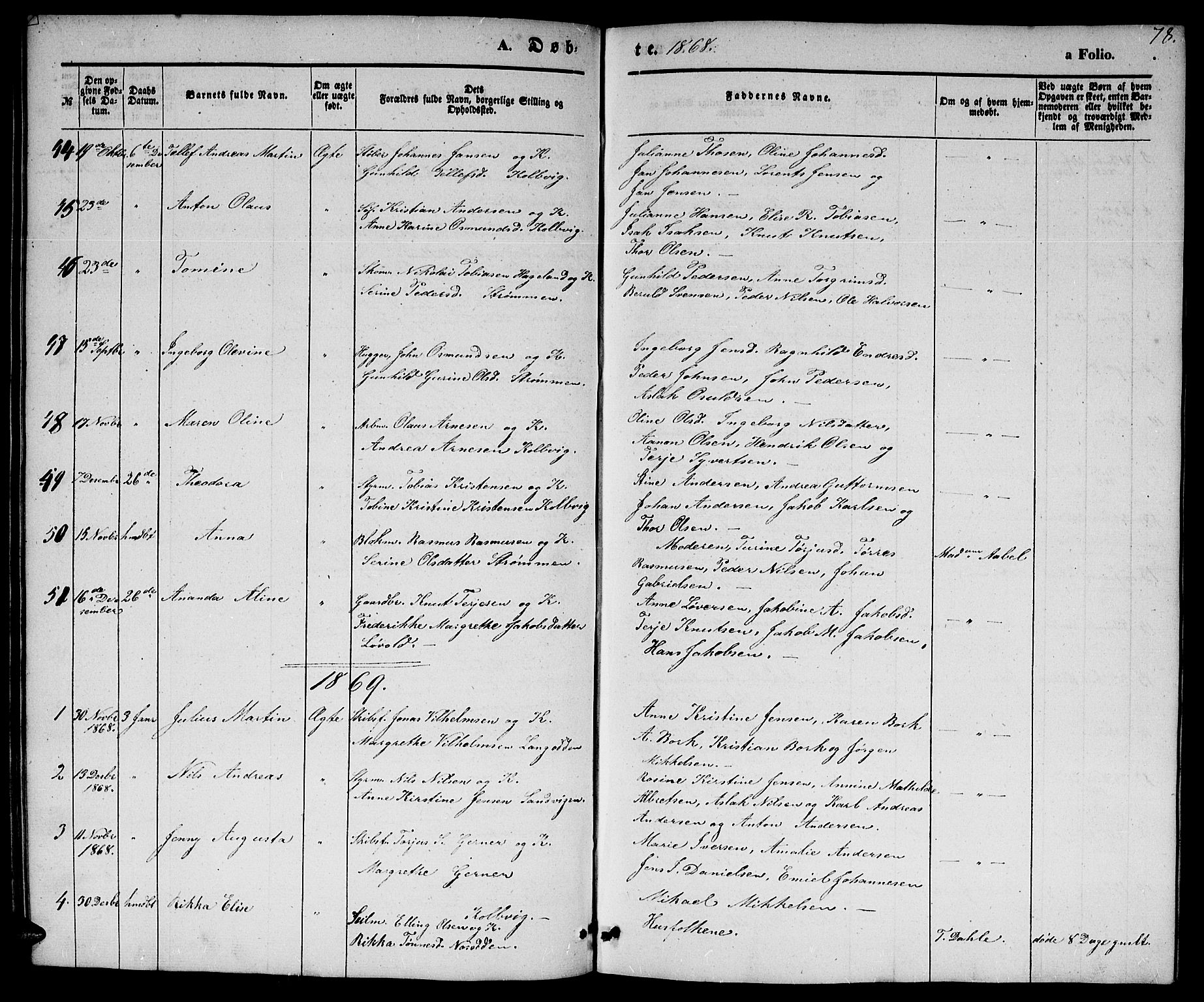 Hisøy sokneprestkontor, SAK/1111-0020/F/Fb/L0001: Parish register (copy) no. B 1, 1849-1872, p. 78
