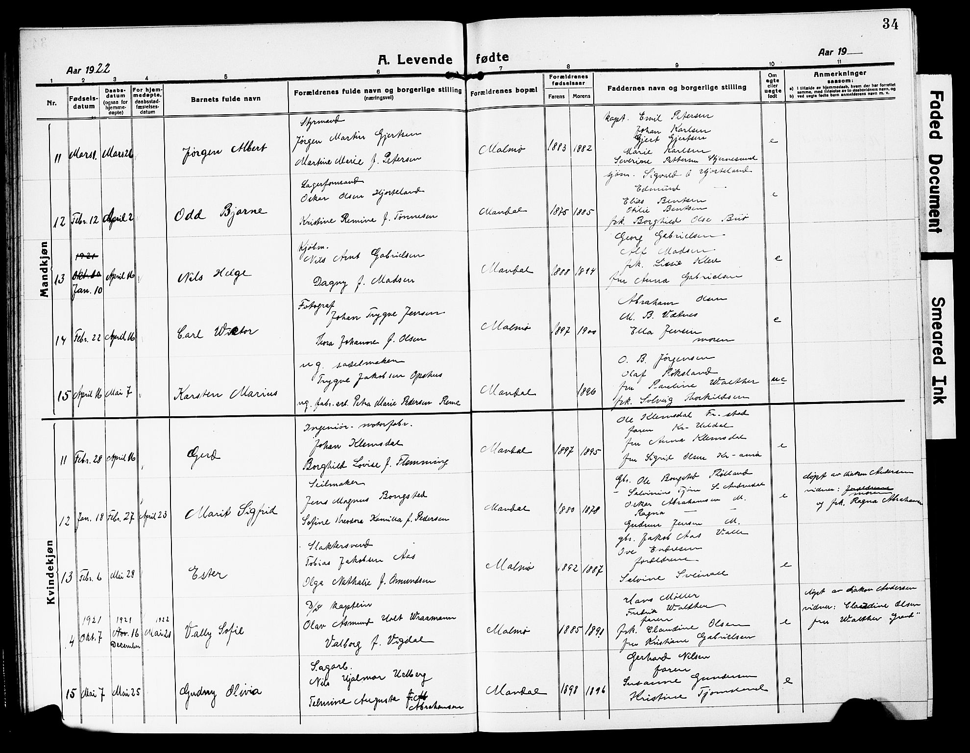 Mandal sokneprestkontor, SAK/1111-0030/F/Fb/Fbc/L0001: Parish register (copy) no. B 1, 1918-1931, p. 34