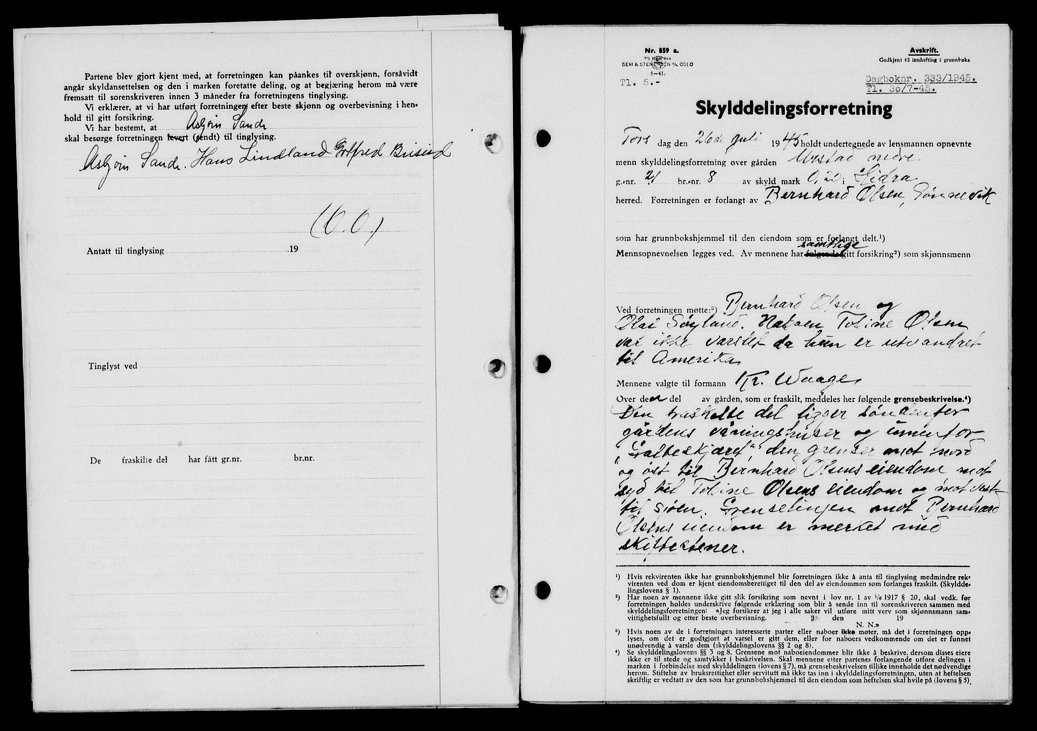 Flekkefjord sorenskriveri, SAK/1221-0001/G/Gb/Gba/L0059: Mortgage book no. A-7, 1944-1945, Diary no: : 333/1945