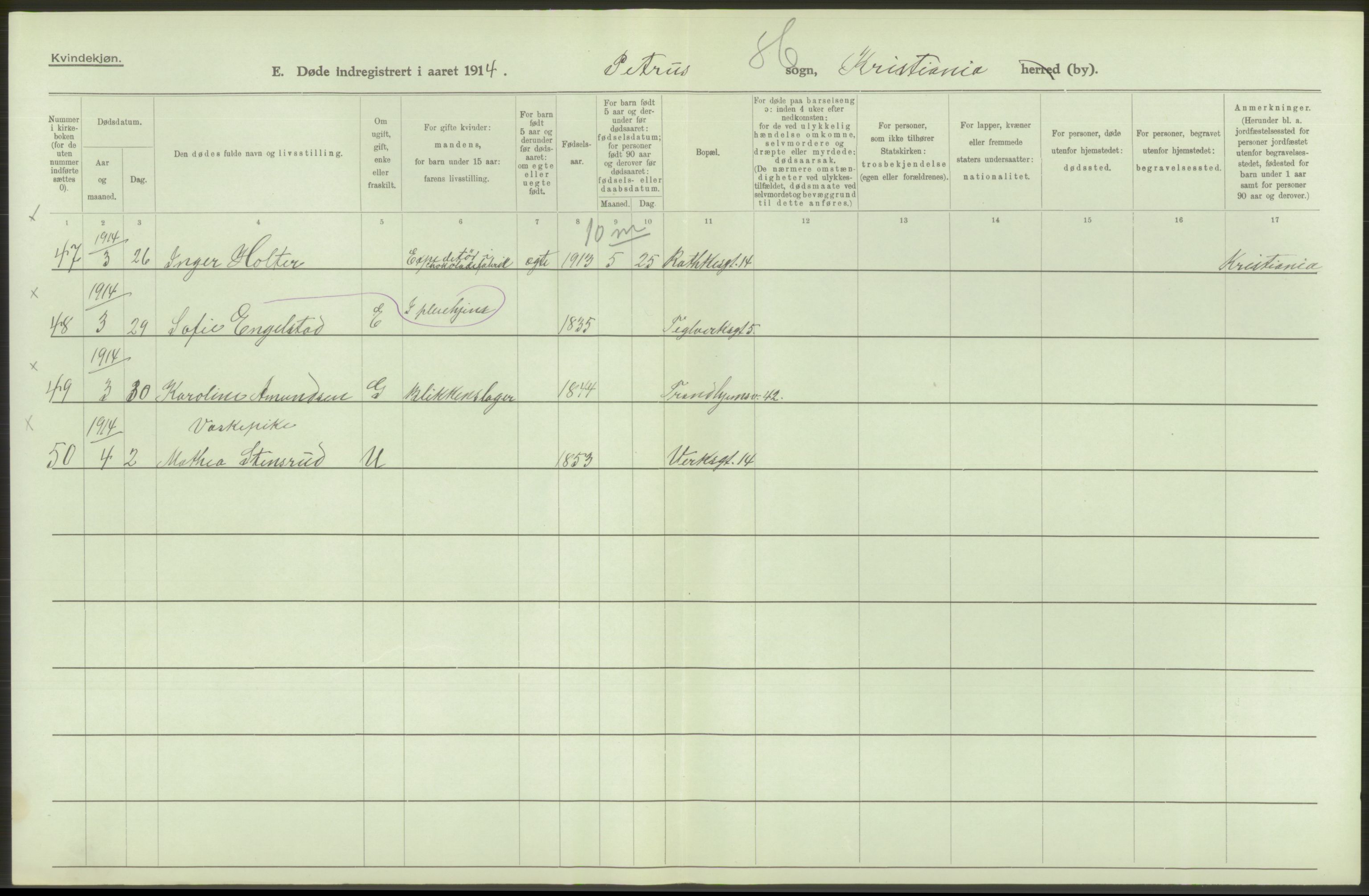 Statistisk sentralbyrå, Sosiodemografiske emner, Befolkning, AV/RA-S-2228/D/Df/Dfb/Dfbd/L0008: Kristiania: Døde, 1914, p. 386