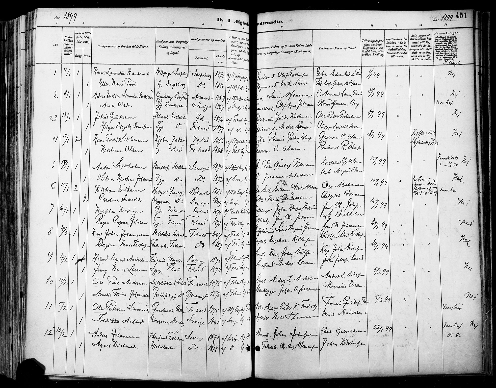 Halden prestekontor Kirkebøker, AV/SAO-A-10909/F/Fa/L0013: Parish register (official) no. I 13, 1890-1906, p. 451