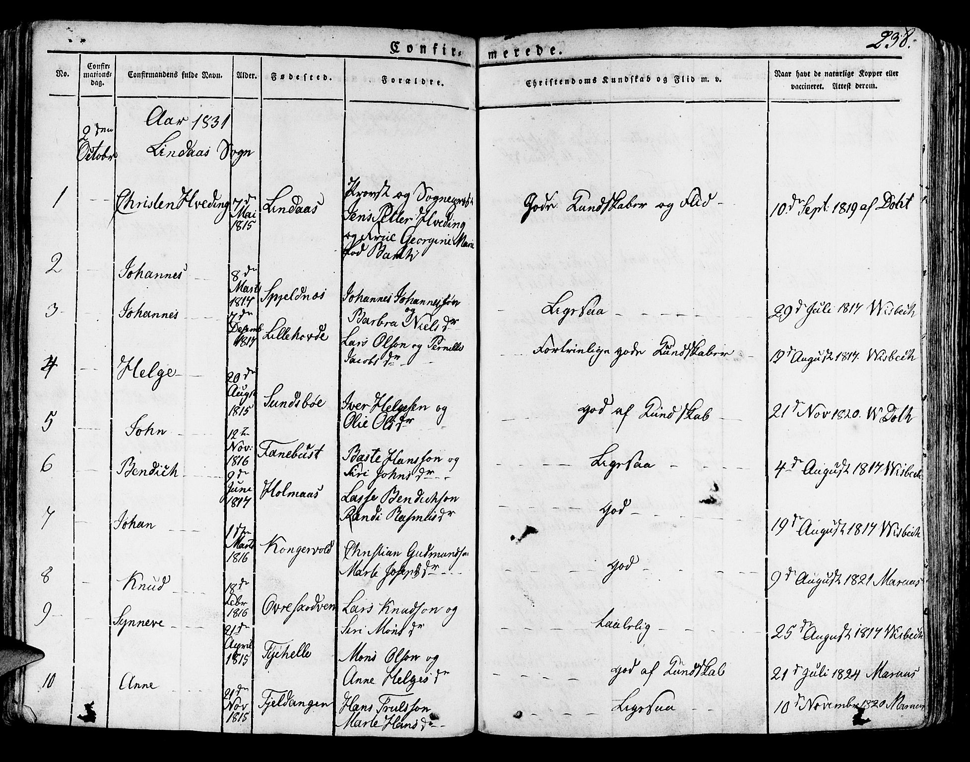 Lindås Sokneprestembete, SAB/A-76701/H/Haa: Parish register (official) no. A 8, 1823-1836, p. 238