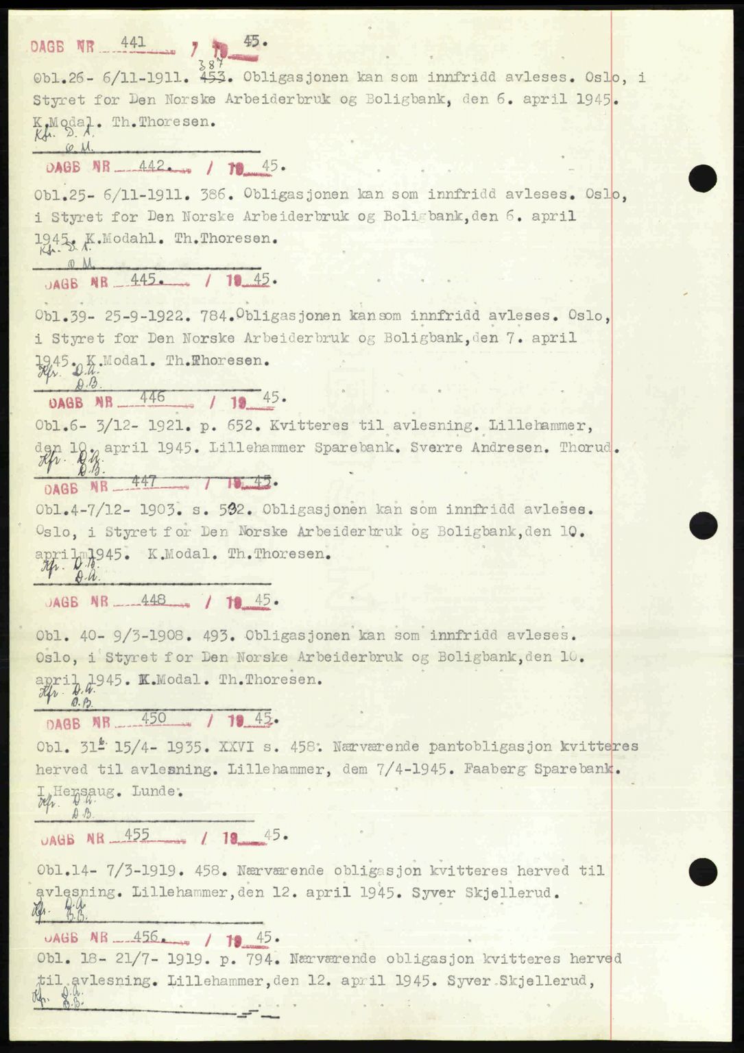 Sør-Gudbrandsdal tingrett, SAH/TING-004/H/Hb/Hbf/L0002: Mortgage book no. C1, 1938-1951, Diary no: : 441/1945