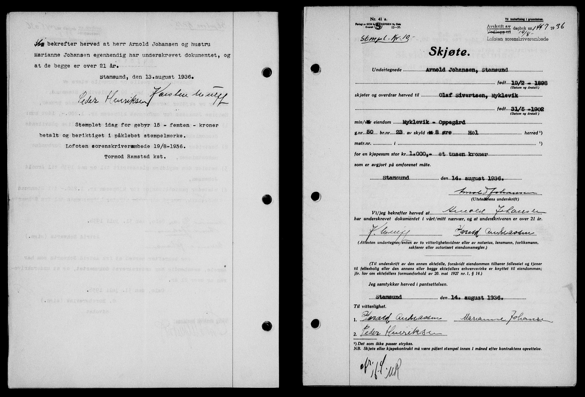 Lofoten sorenskriveri, SAT/A-0017/1/2/2C/L0001a: Mortgage book no. 1a, 1936-1937, Diary no: : 1447/1936