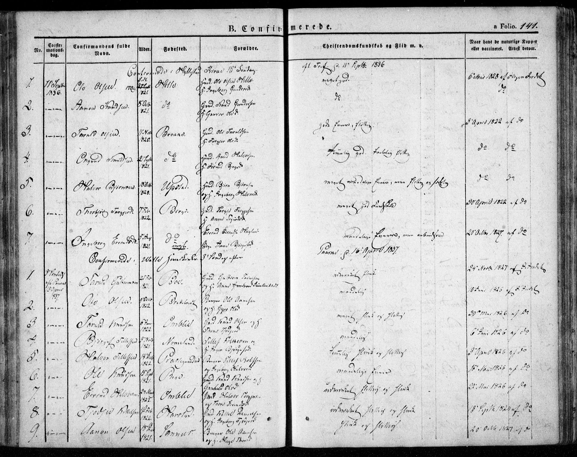 Valle sokneprestkontor, SAK/1111-0044/F/Fa/Fac/L0006: Parish register (official) no. A 6, 1831-1853, p. 141