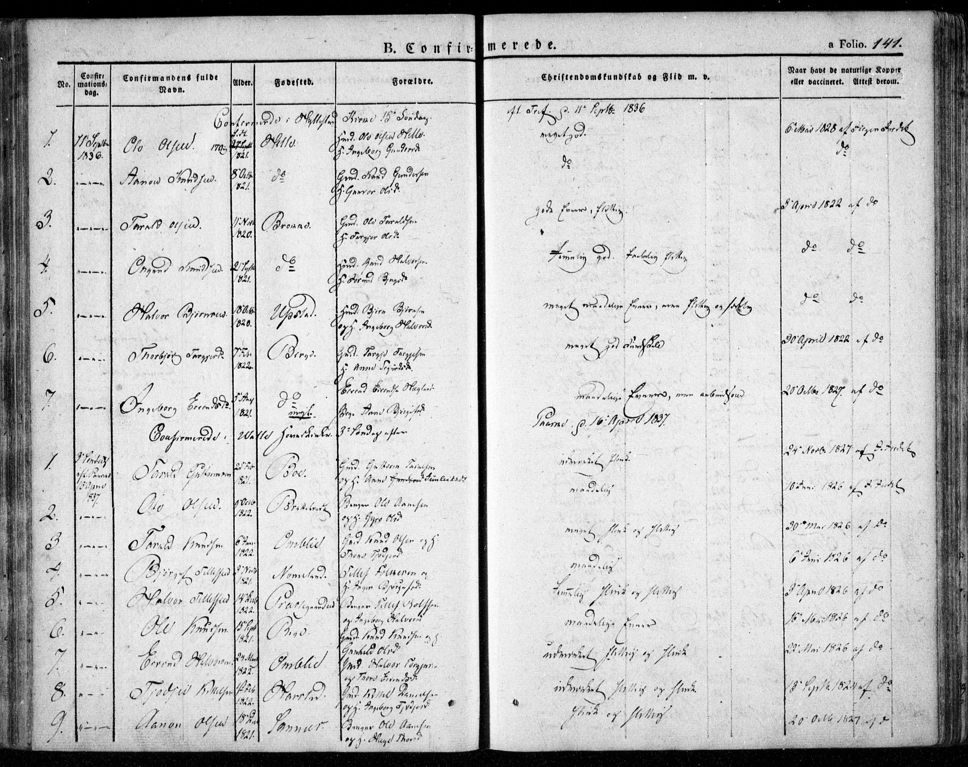 Valle sokneprestkontor, AV/SAK-1111-0044/F/Fa/Fac/L0006: Parish register (official) no. A 6, 1831-1853, p. 141