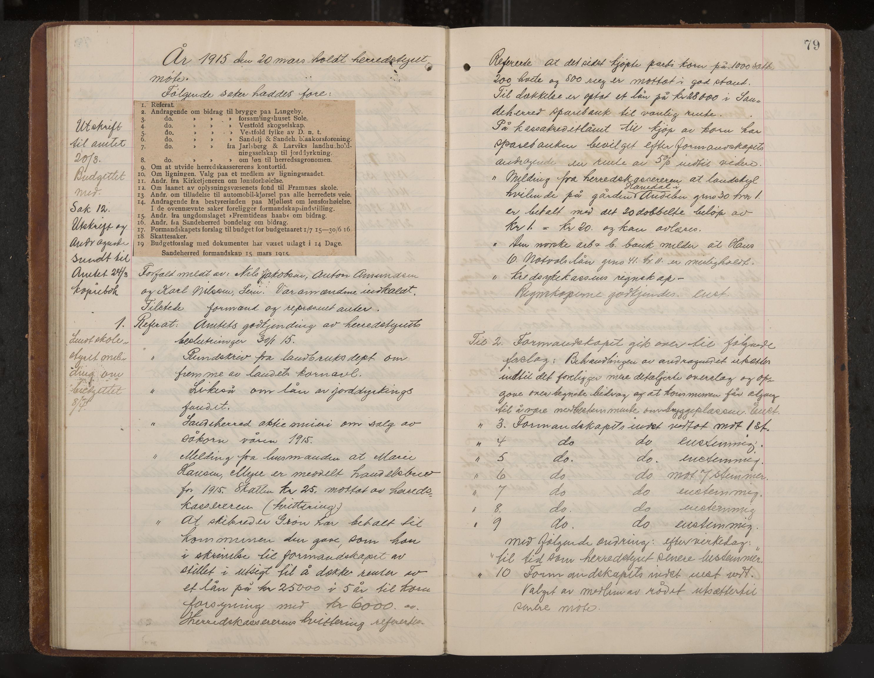 Sandar formannskap og sentraladministrasjon, IKAK/0724021/A/Aa/L0005: Møtebok med register, 1914-1918, p. 79