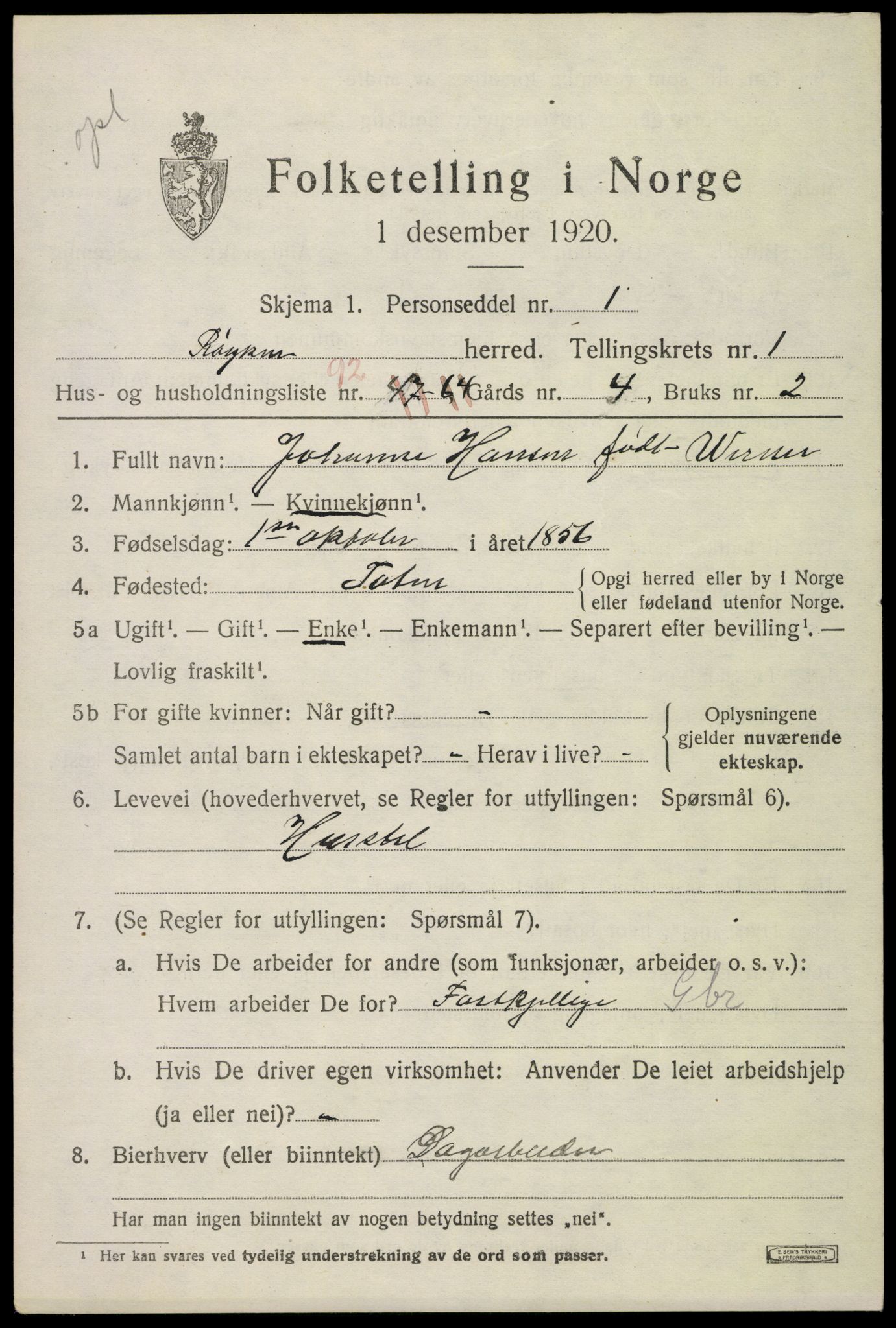 SAKO, 1920 census for Røyken, 1920, p. 2882