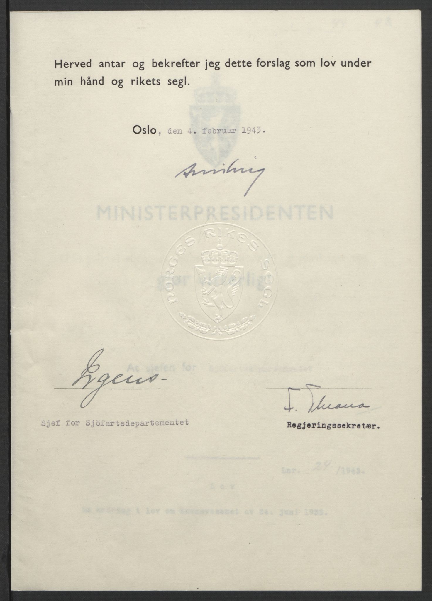 NS-administrasjonen 1940-1945 (Statsrådsekretariatet, de kommisariske statsråder mm), AV/RA-S-4279/D/Db/L0099: Lover, 1943, p. 100