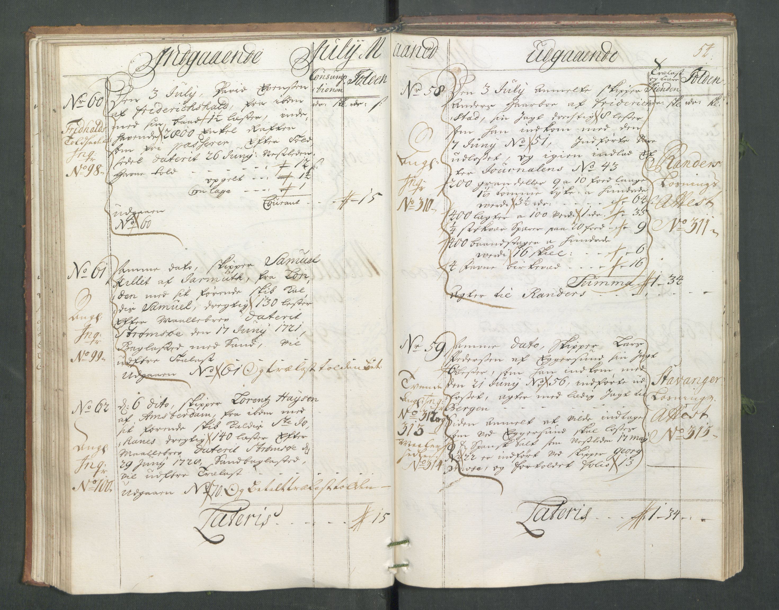 Generaltollkammeret, tollregnskaper, RA/EA-5490/R02/L0006/0001: Tollregnskaper Fredrikstad / Hovedtollbok, 1731, p. 54
