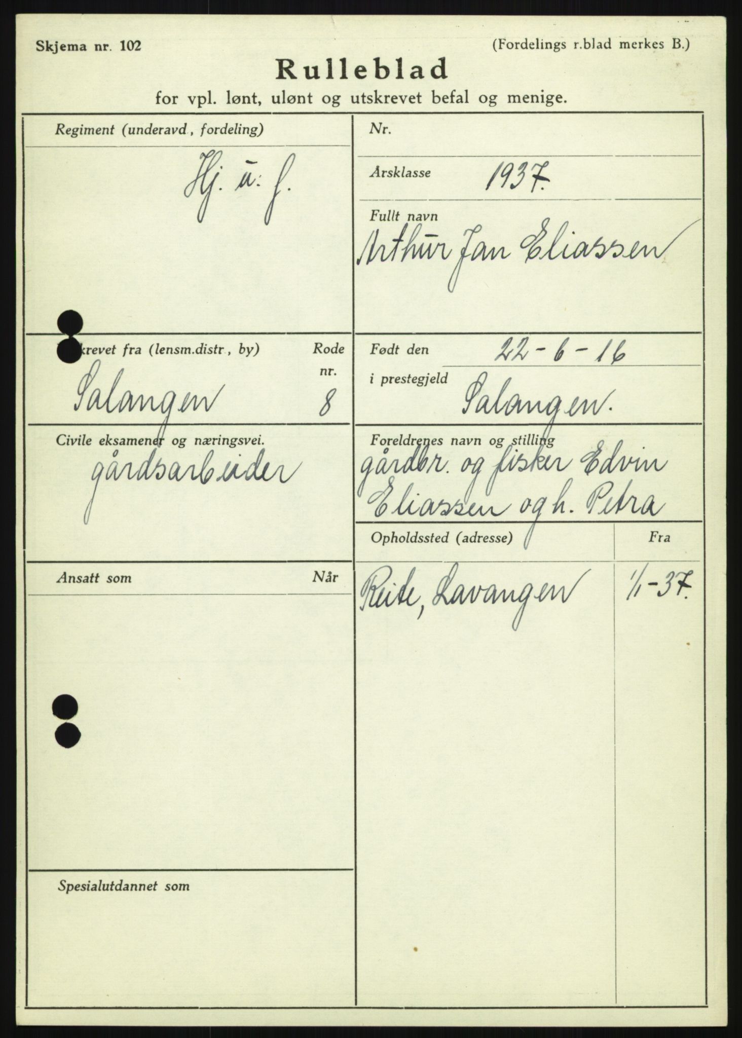 Forsvaret, Troms infanteriregiment nr. 16, AV/RA-RAFA-3146/P/Pa/L0021: Rulleblad for regimentets menige mannskaper, årsklasse 1937, 1937, p. 137