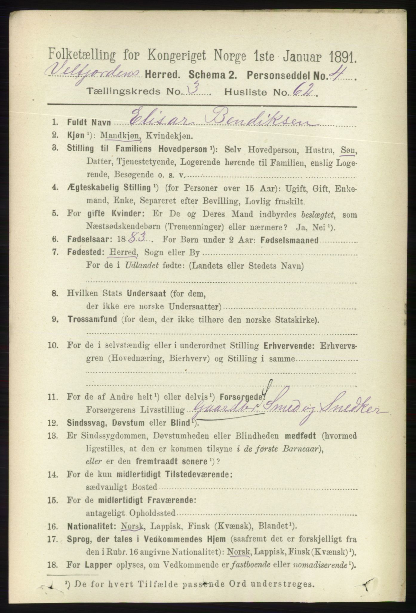 RA, 1891 census for 1813 Velfjord, 1891, p. 1447