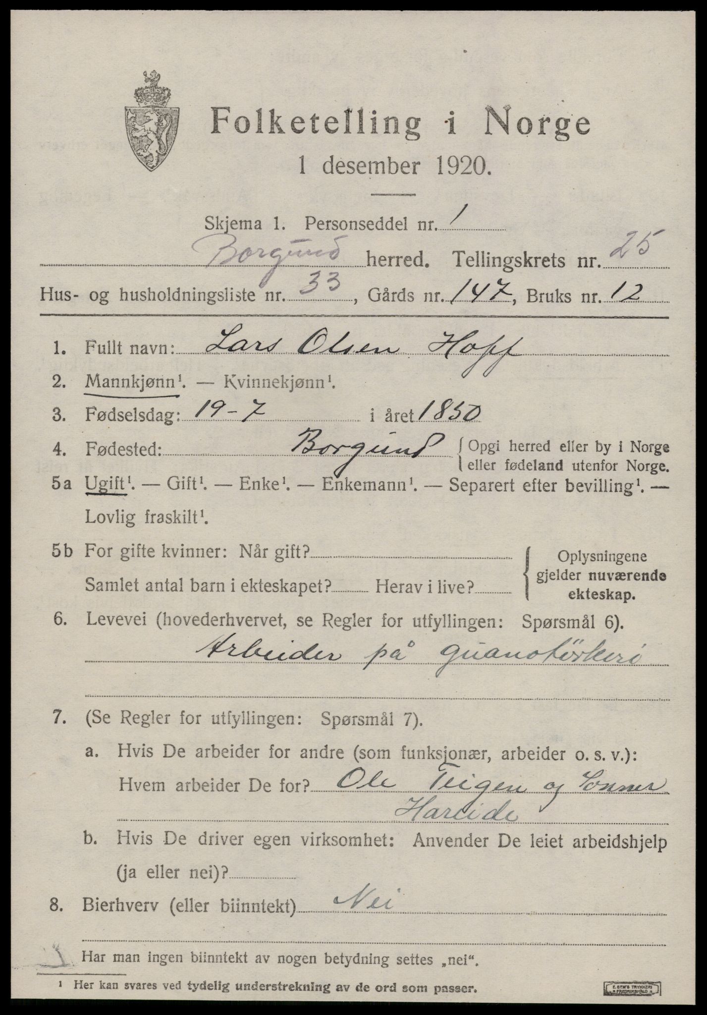 SAT, 1920 census for Borgund, 1920, p. 17330