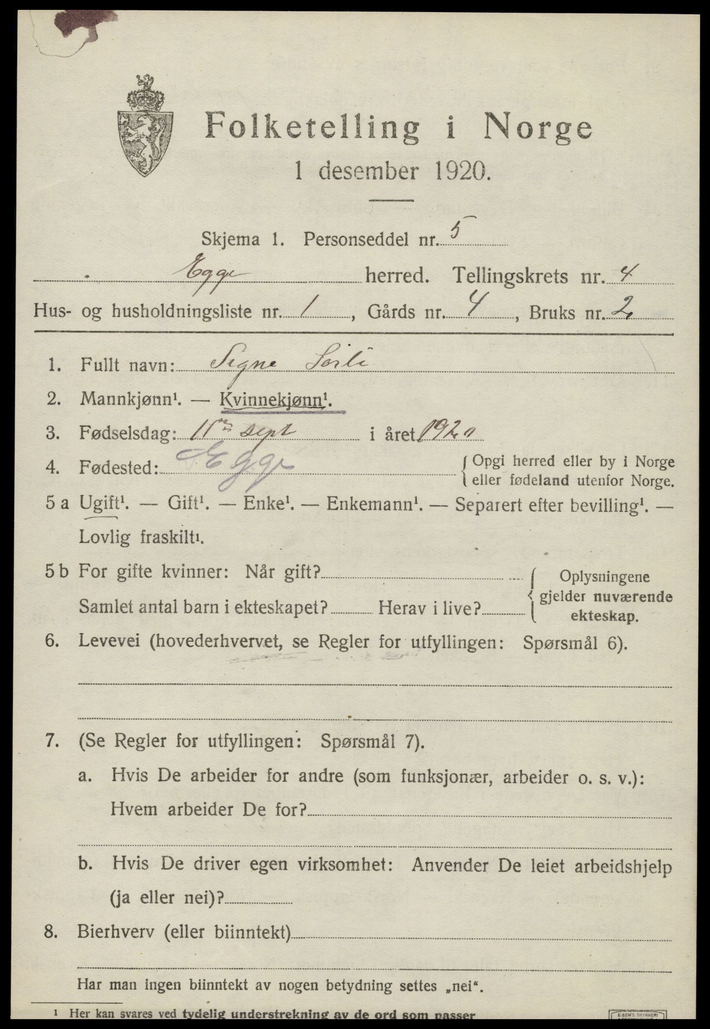 SAT, 1920 census for Egge, 1920, p. 2396