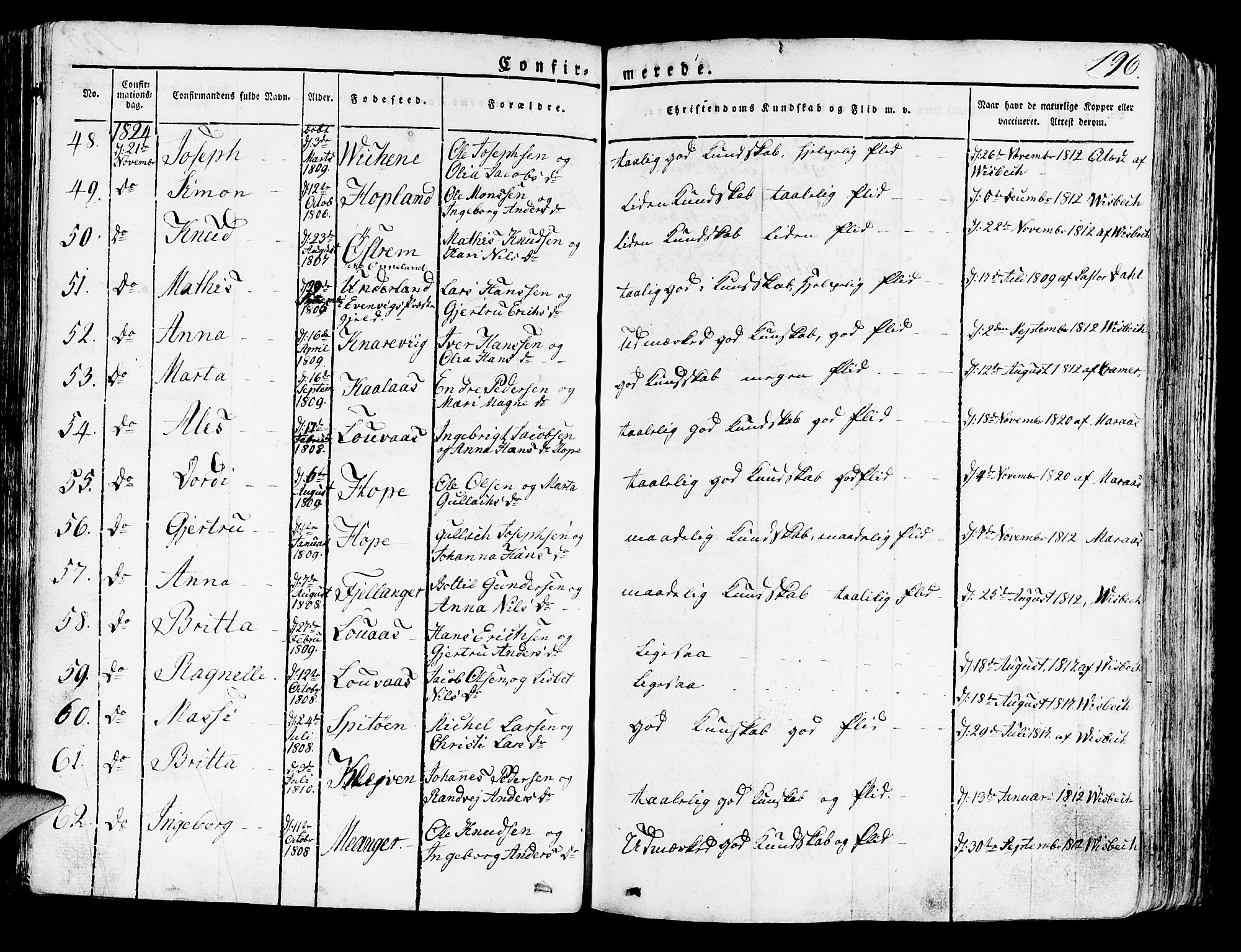 Lindås Sokneprestembete, AV/SAB-A-76701/H/Haa/Haaa/L0008: Parish register (official) no. A 8, 1823-1836, p. 196