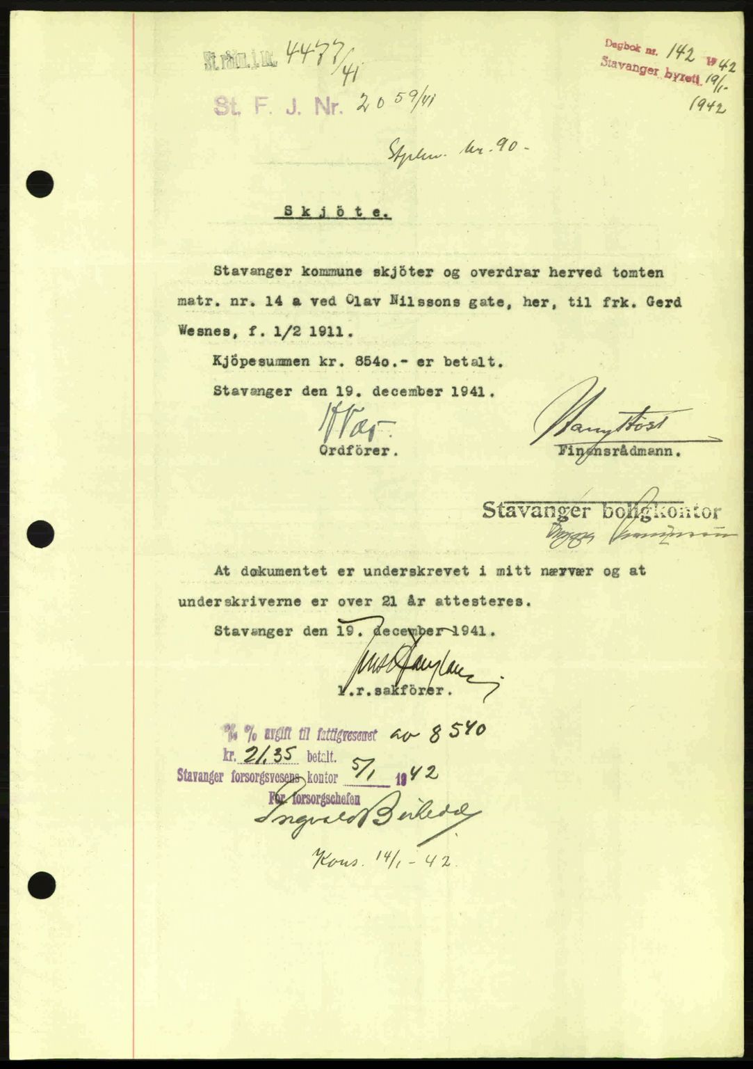 Stavanger byrett, SAST/A-100455/002/G/Gb/L0017: Mortgage book no. A7, 1941-1943, Diary no: : 142/1942