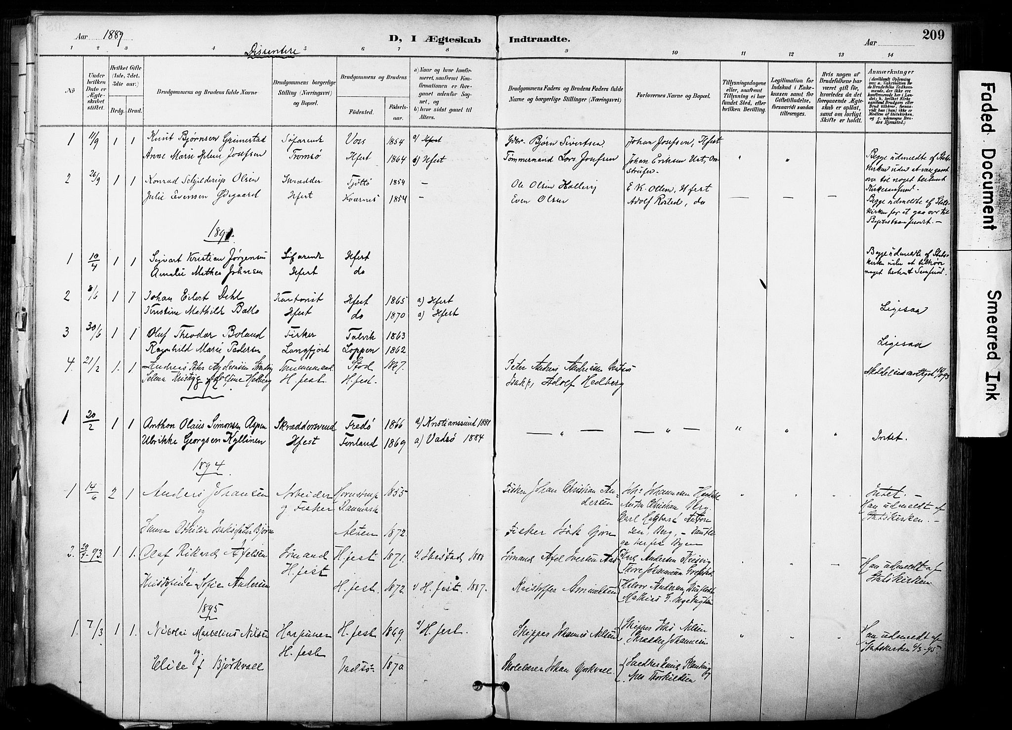 Hammerfest sokneprestkontor, SATØ/S-1347/H/Ha/L0009.kirke: Parish register (official) no. 9, 1889-1897, p. 209