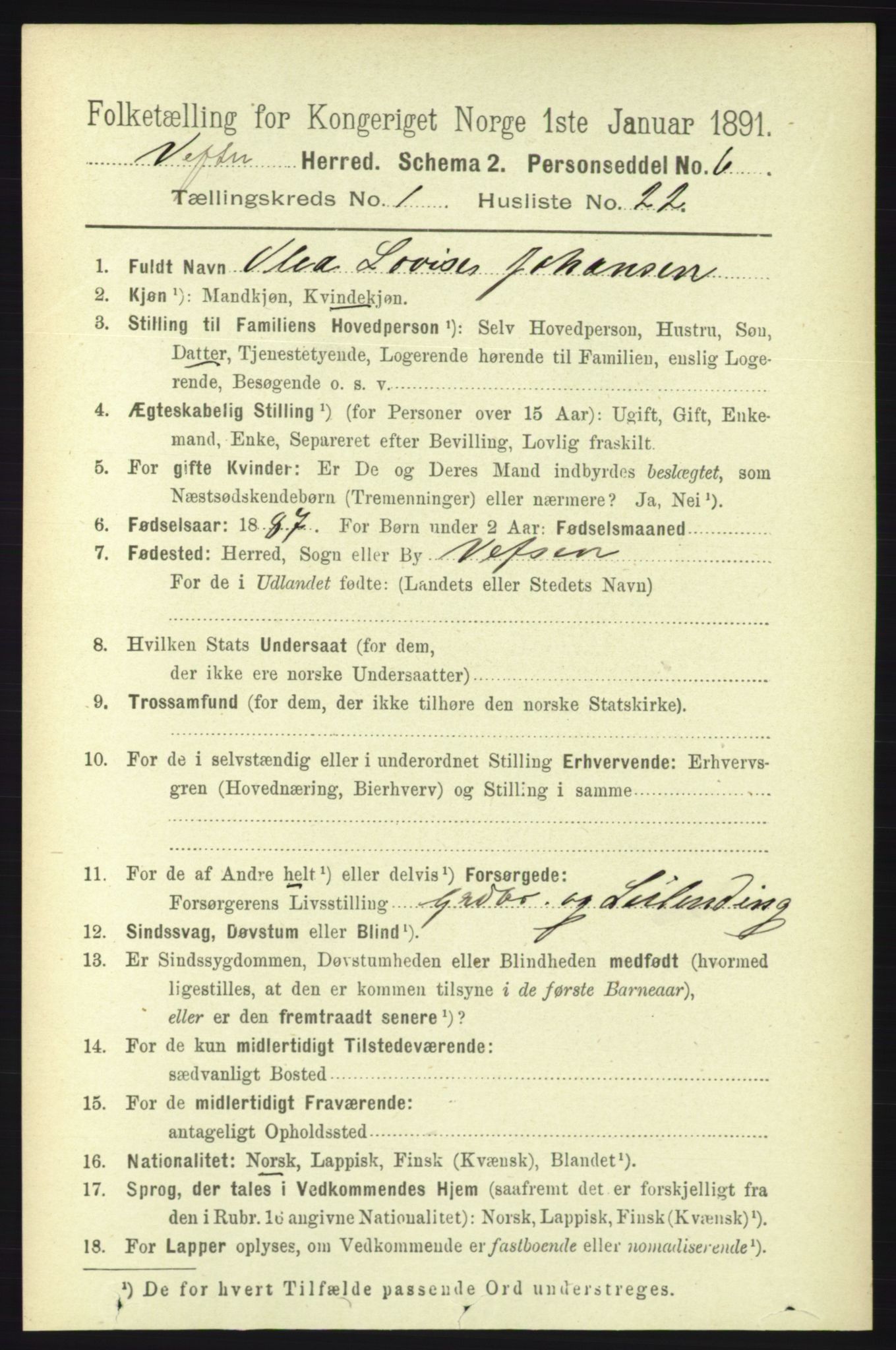 RA, 1891 census for 1824 Vefsn, 1891, p. 274