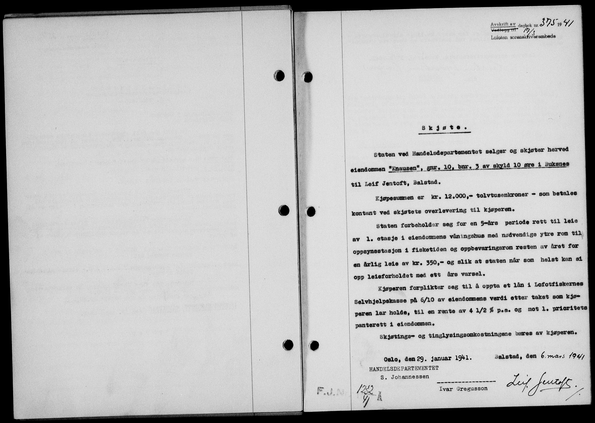 Lofoten sorenskriveri, SAT/A-0017/1/2/2C/L0008a: Mortgage book no. 8a, 1940-1941, Diary no: : 375/1941