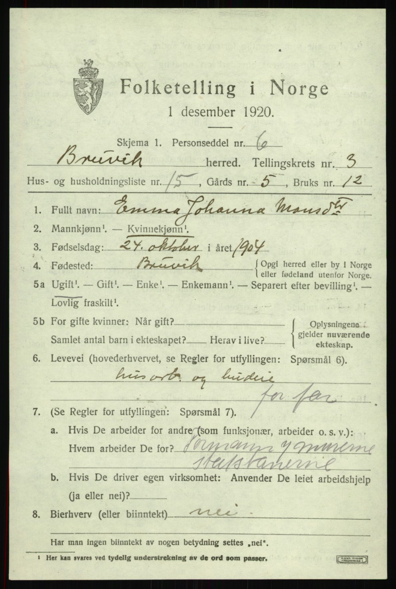 SAB, 1920 census for Bruvik, 1920, p. 1952