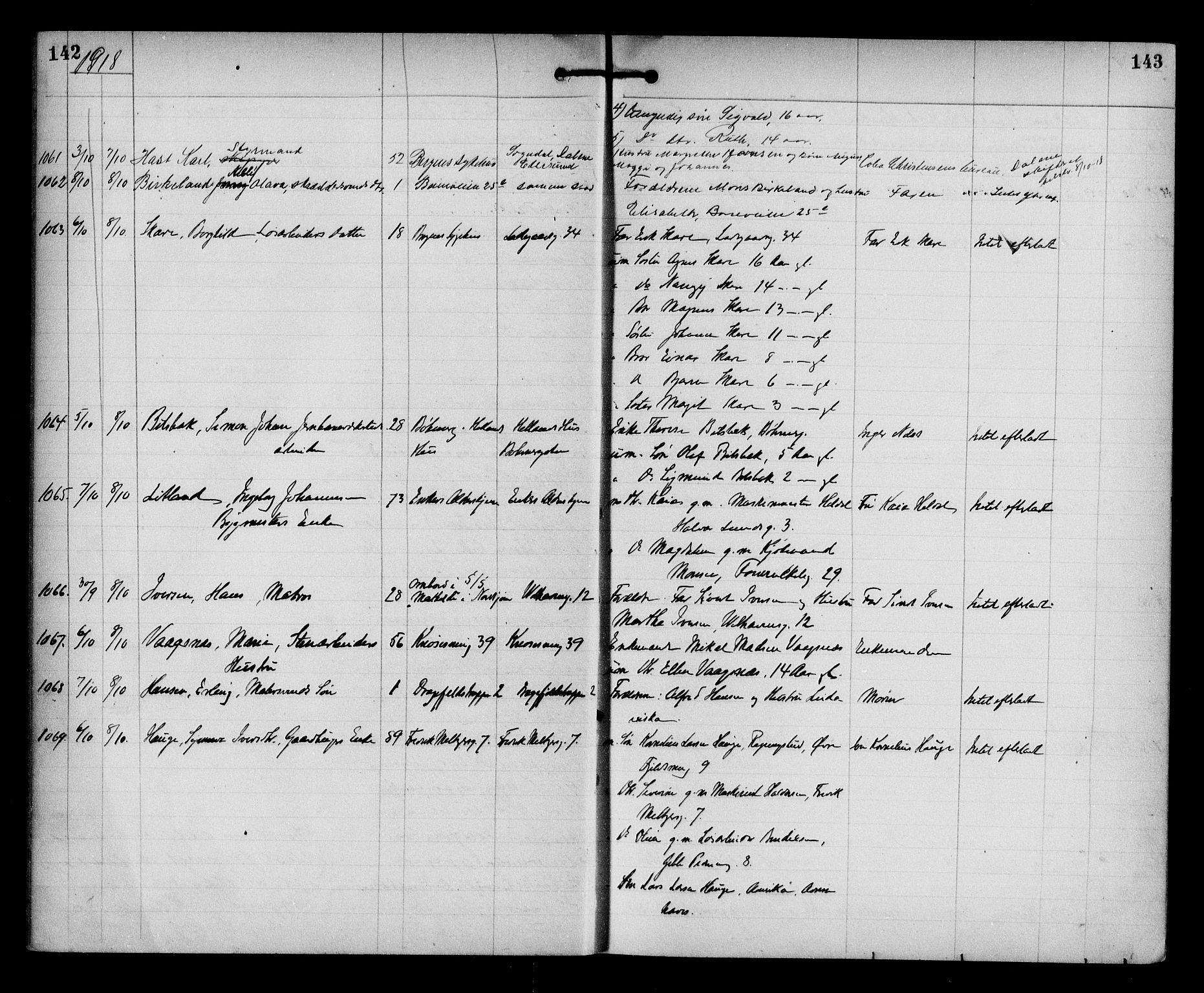 Byfogd og Byskriver i Bergen, AV/SAB-A-3401/06/06Na/L0012: Dødsfallsjournaler, 1918-1919, p. 142-143
