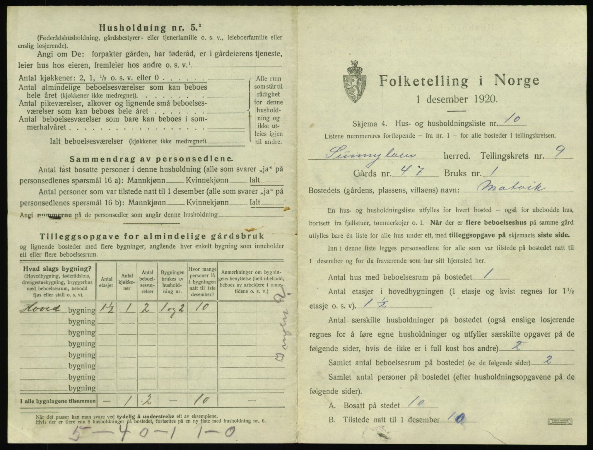 SAT, 1920 census for Sunnylven, 1920, p. 436