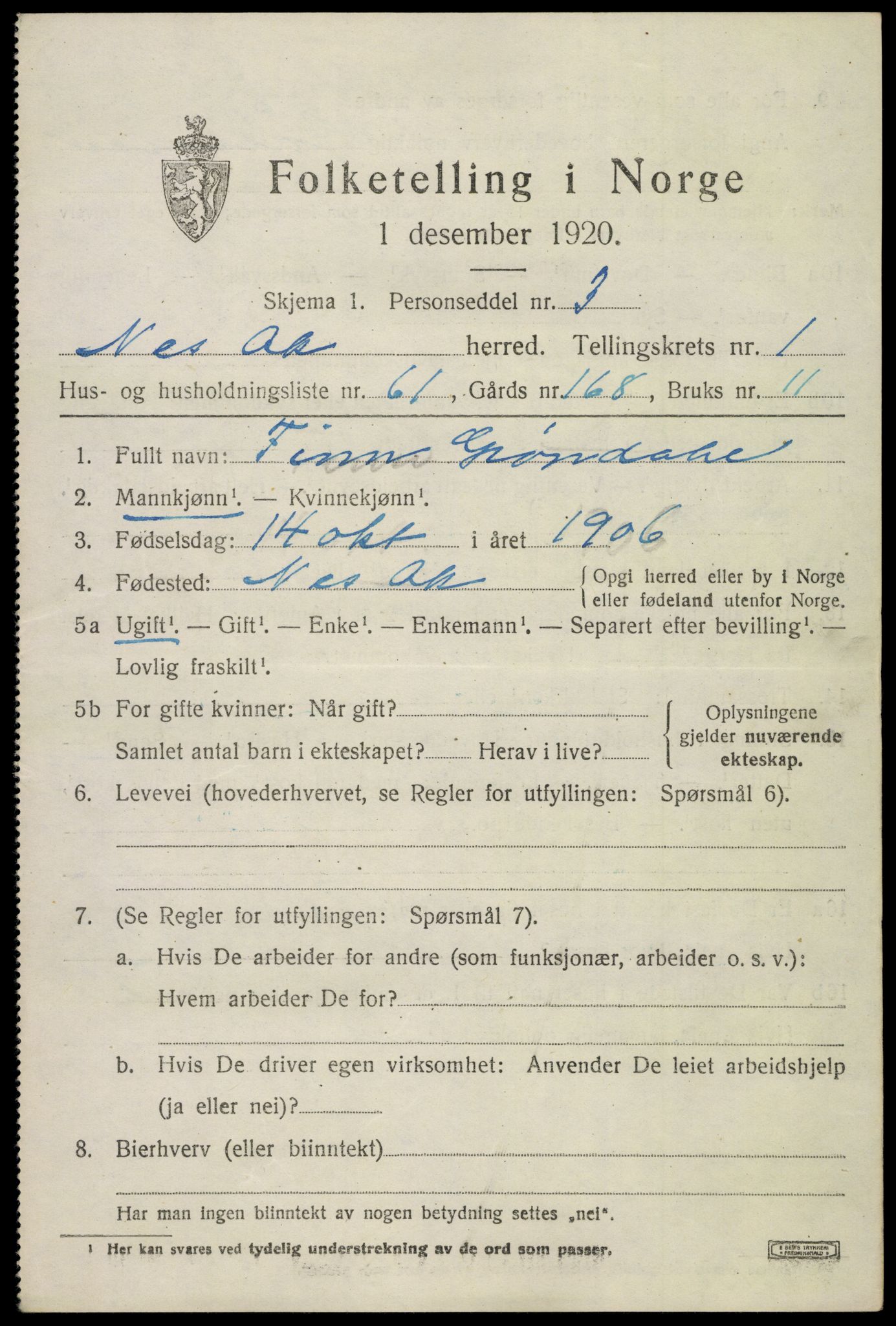 SAO, 1920 census for Nes, 1920, p. 4246