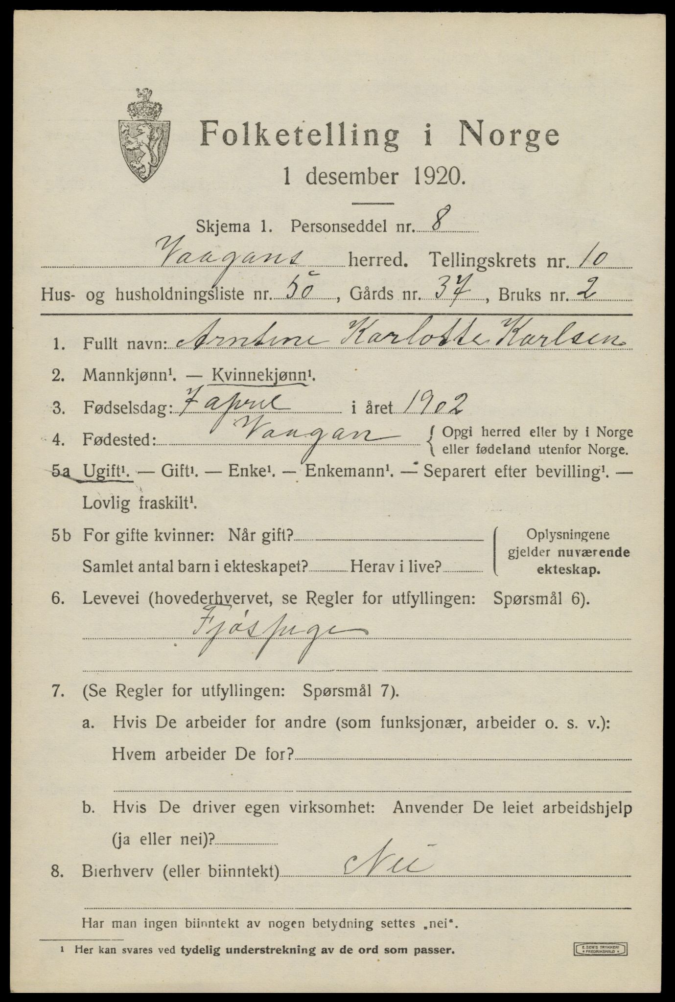 SAT, 1920 census for Vågan, 1920, p. 9503