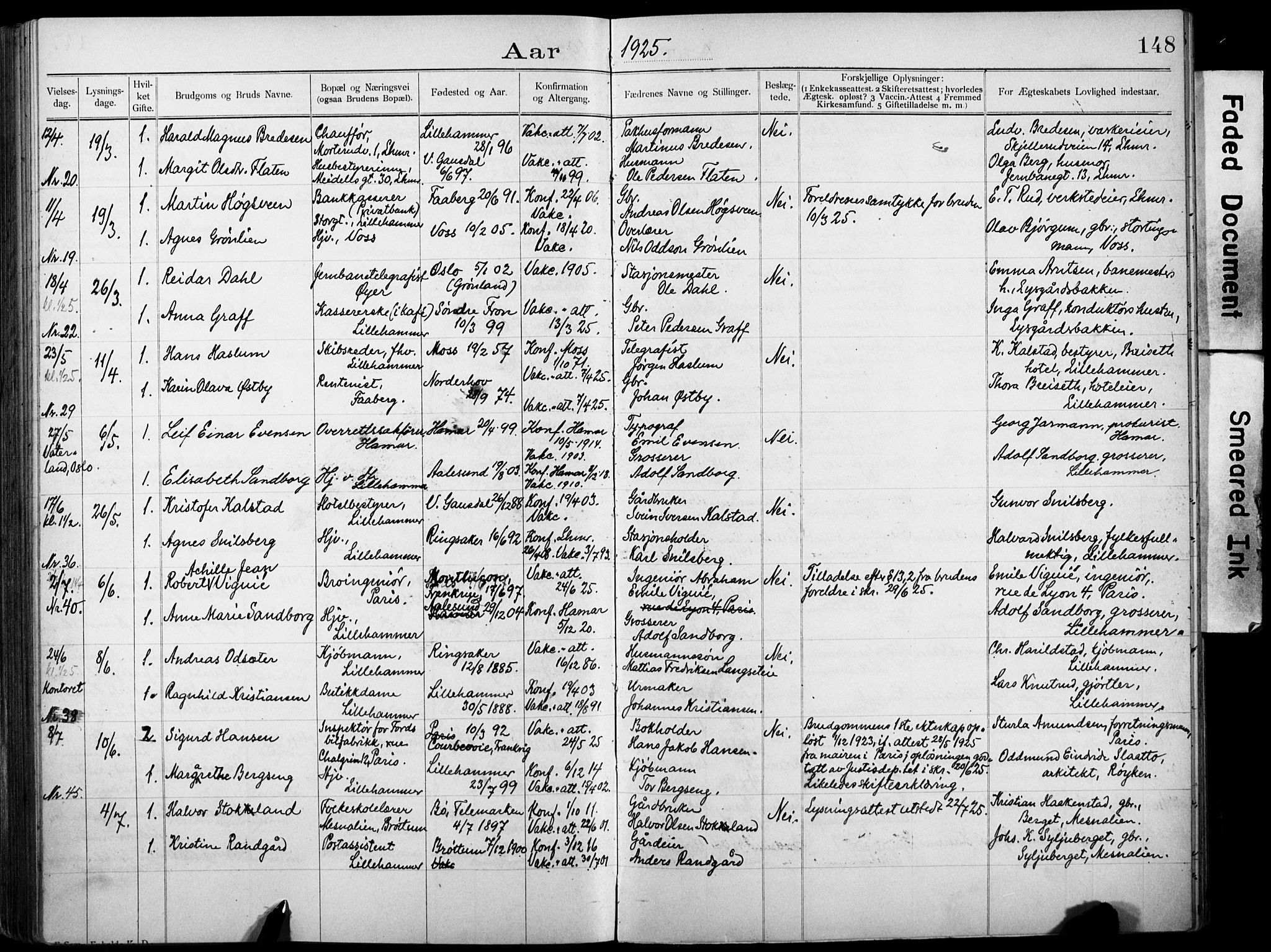 Lillehammer prestekontor, AV/SAH-PREST-088/I/Ie: Banns register no. 1, 1903-1932, p. 148